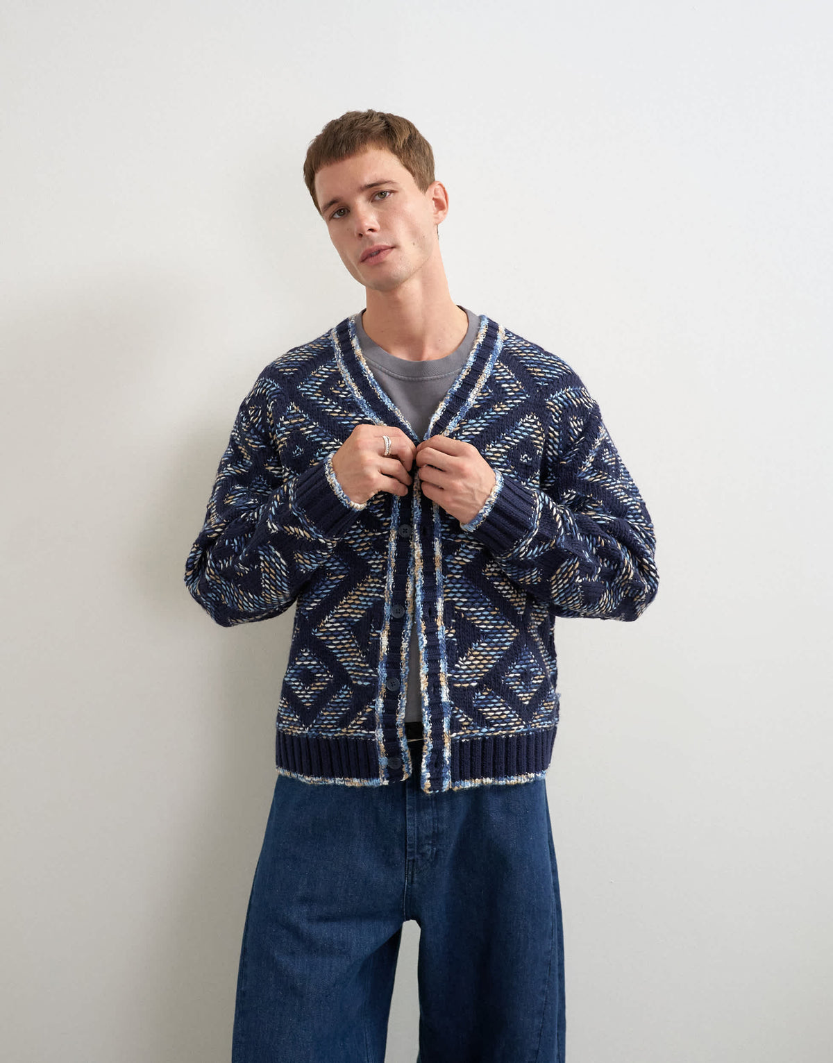 Topman relaxed fit diamond knitted cardigan in navy