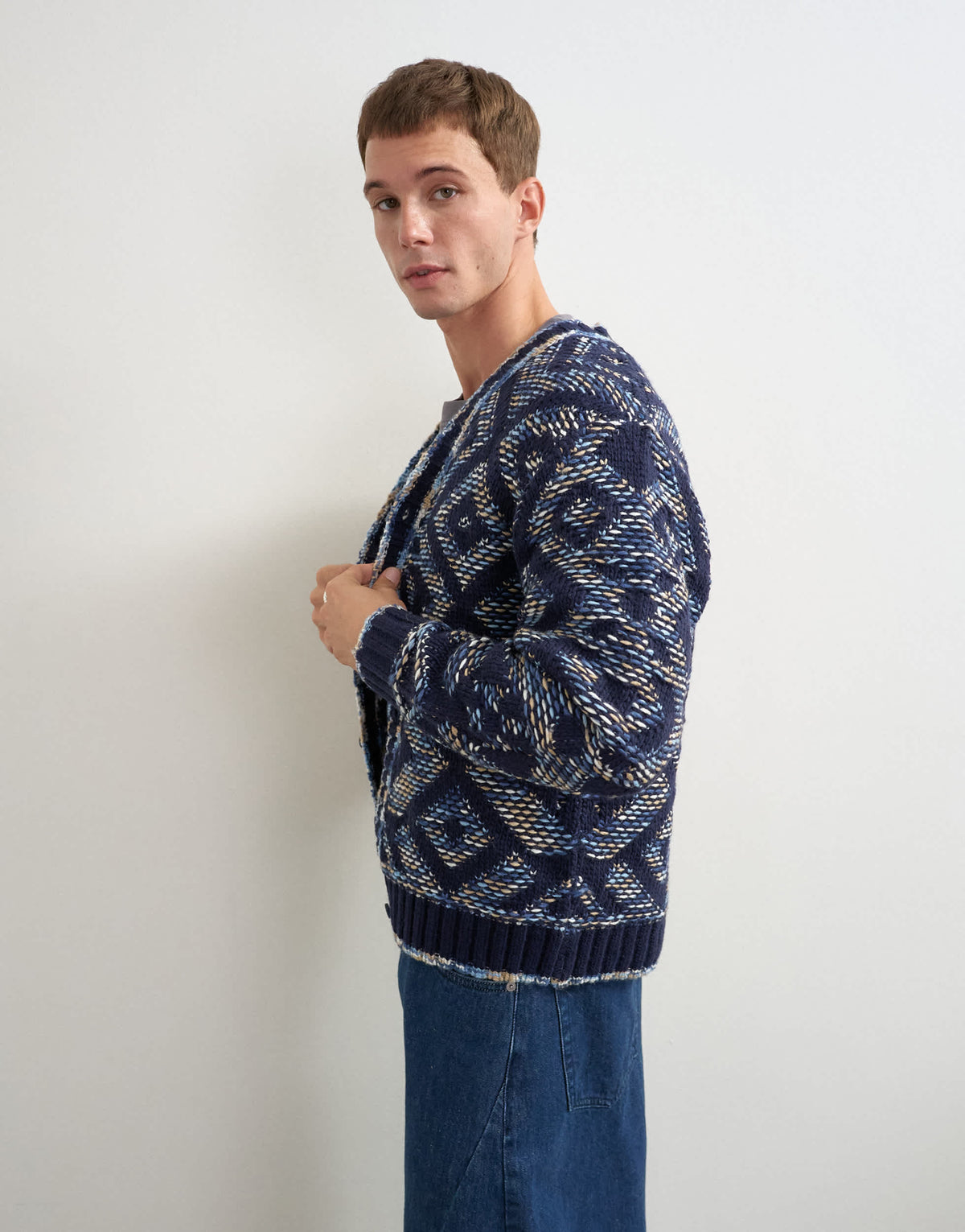 Topman relaxed fit diamond knitted cardigan in navy