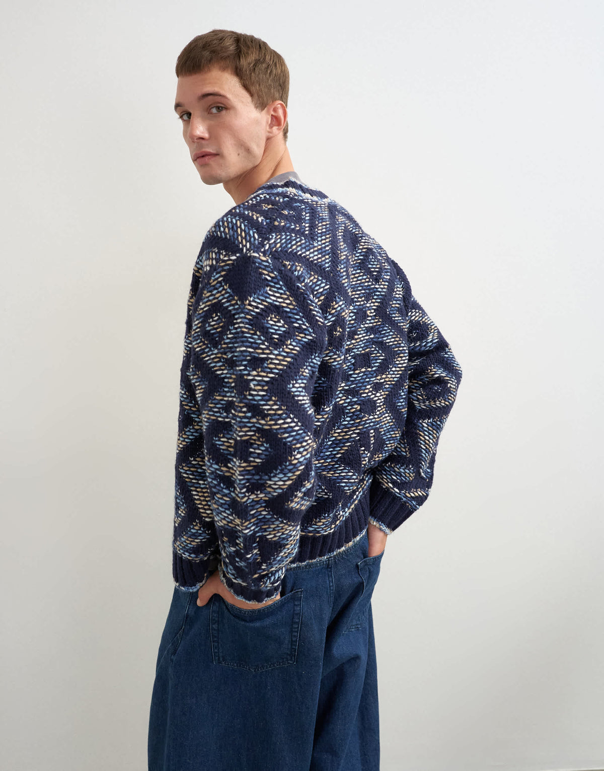 Topman relaxed fit diamond knitted cardigan in navy