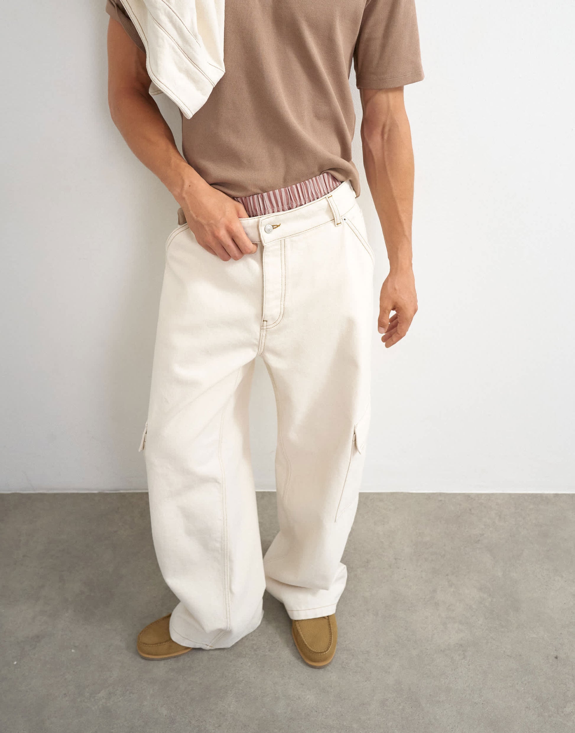 Topman rigid baggy fit jean with side pockets in natural