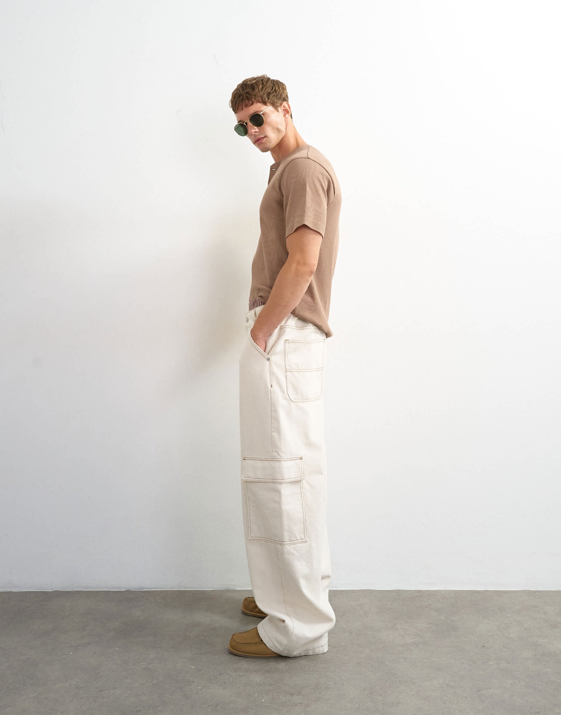 Topman rigid baggy fit jean with side pockets in natural