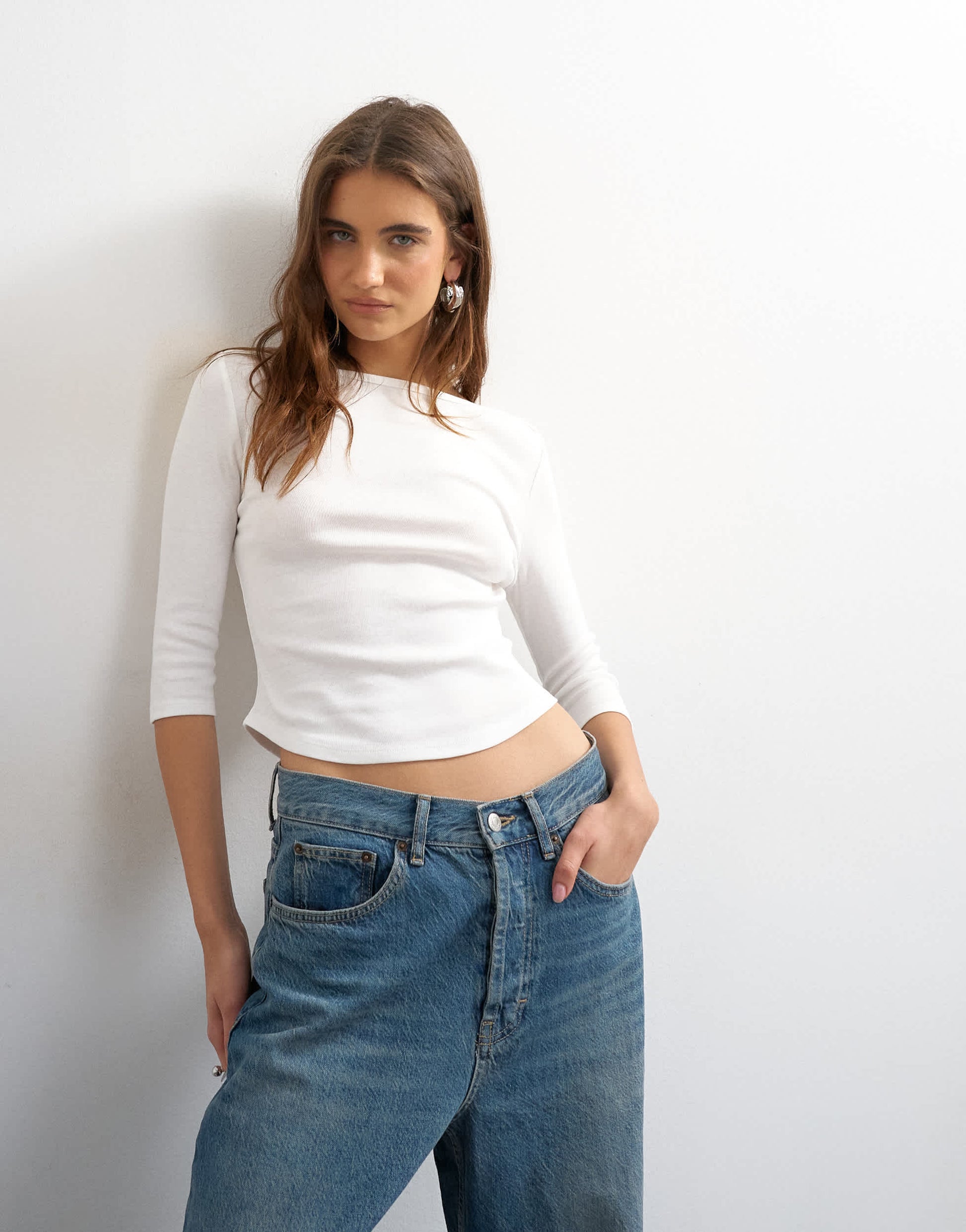 Topshop slash neck curve hem top in white