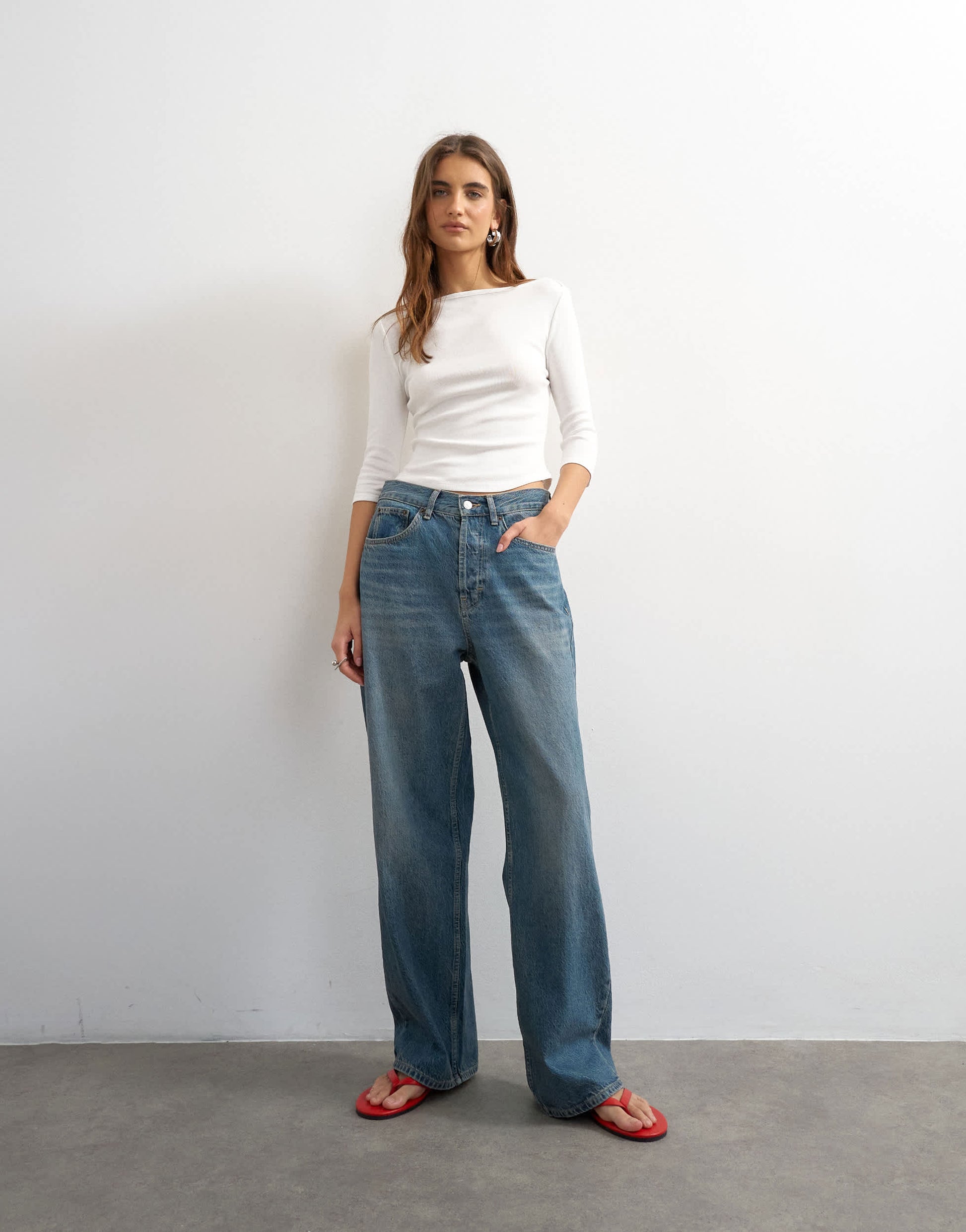 Topshop slash neck curve hem top in white