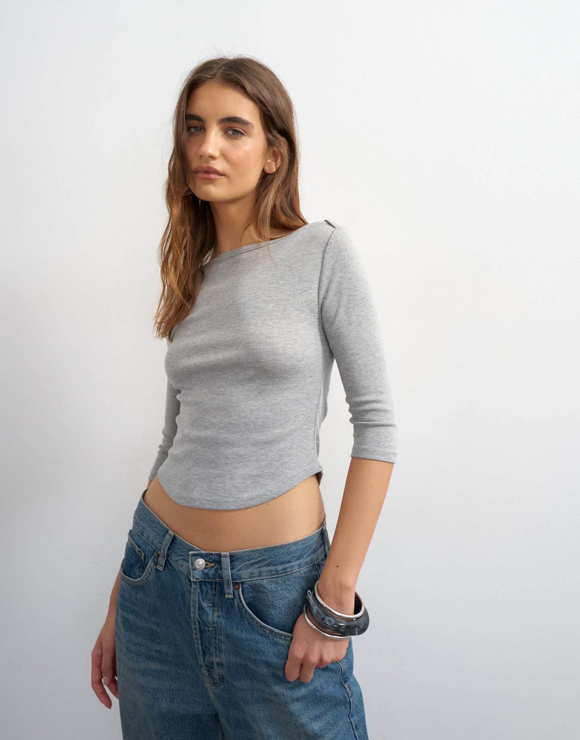 Topshop slash neck curve hem top in grey marl