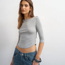 Topshop slash neck curve hem top in grey marl