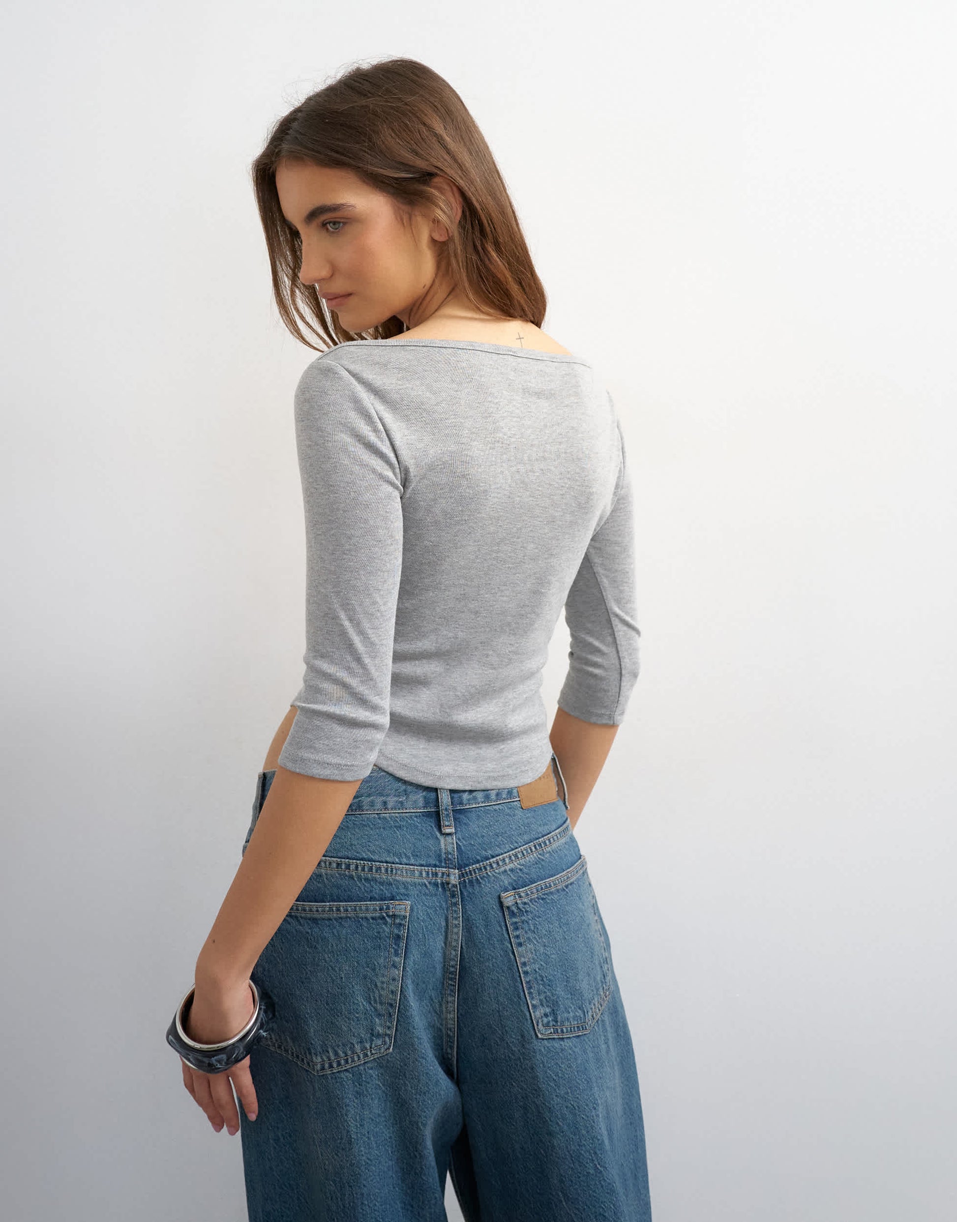 Topshop slash neck curve hem top in grey marl