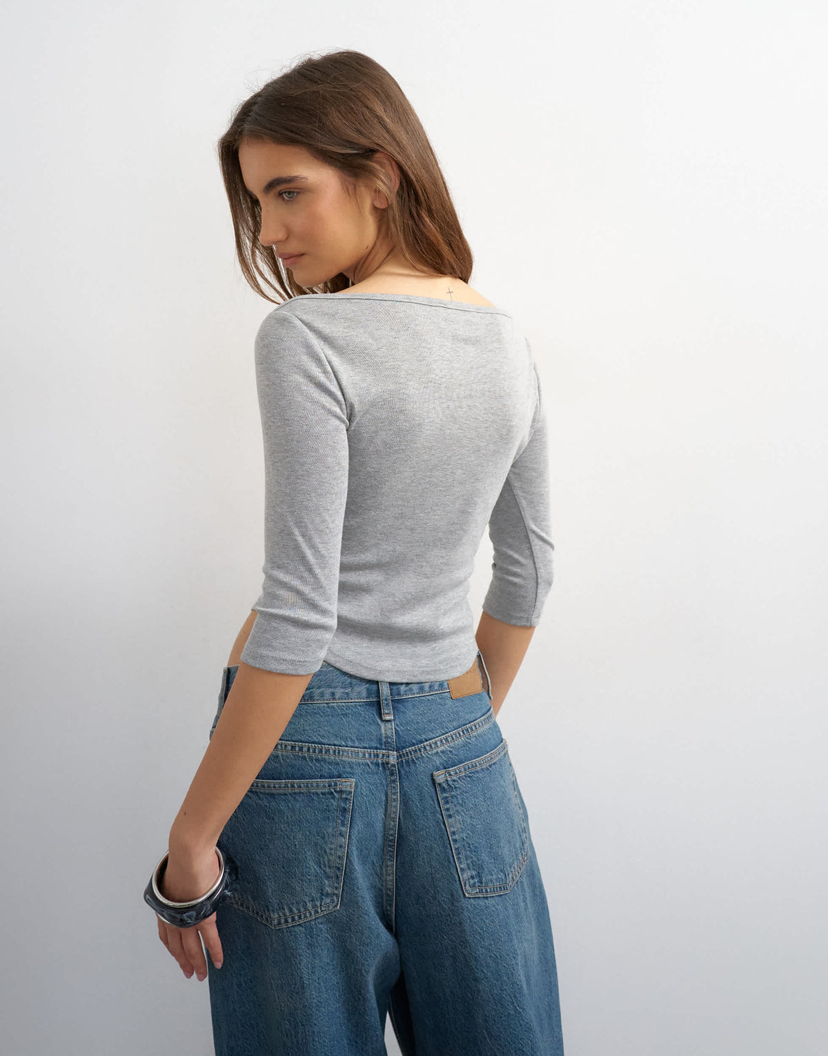 Topshop slash neck curve hem top in grey marl