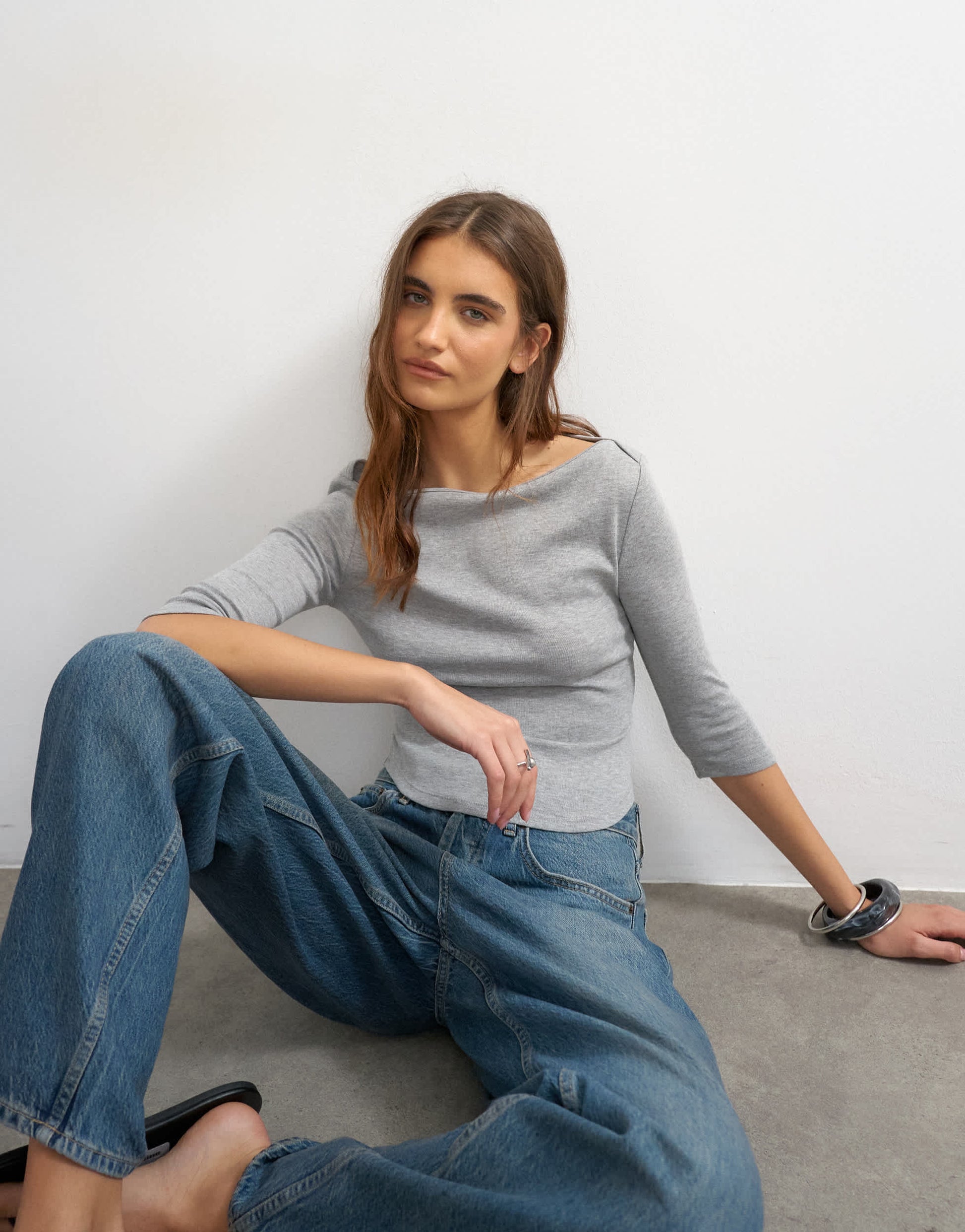 Topshop slash neck curve hem top in grey marl