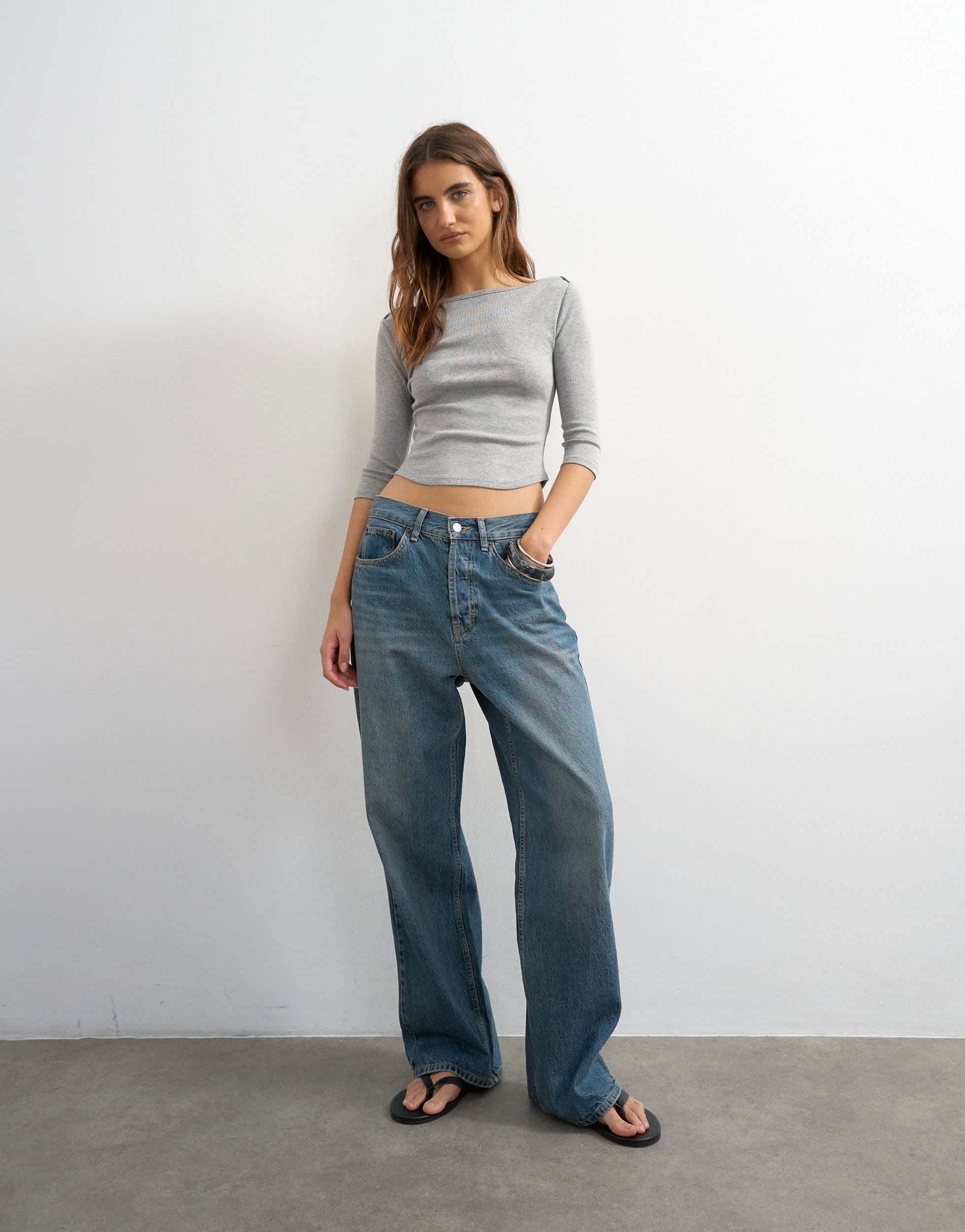 Topshop slash neck curve hem top in grey marl