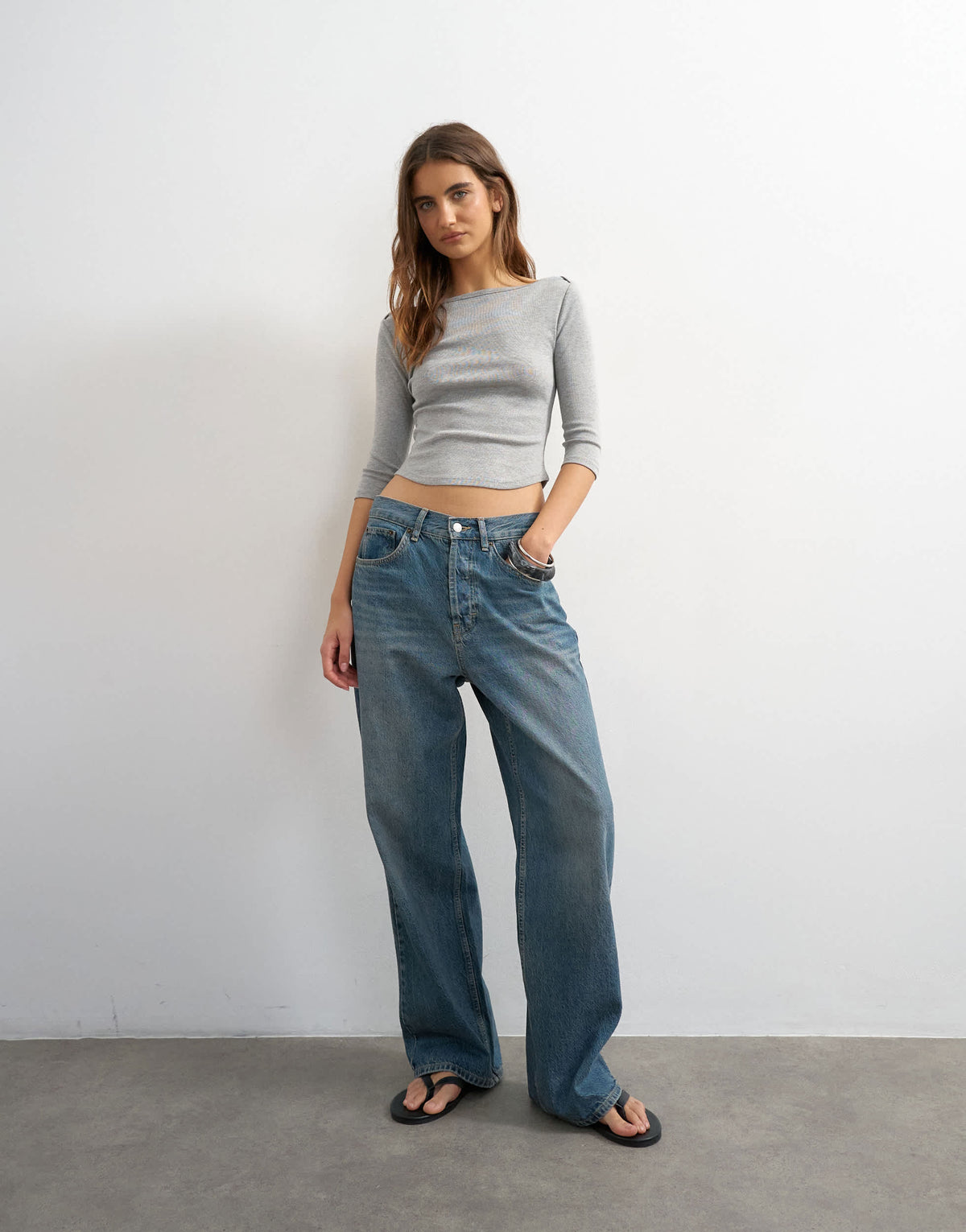 Topshop slash neck curve hem top in grey marl