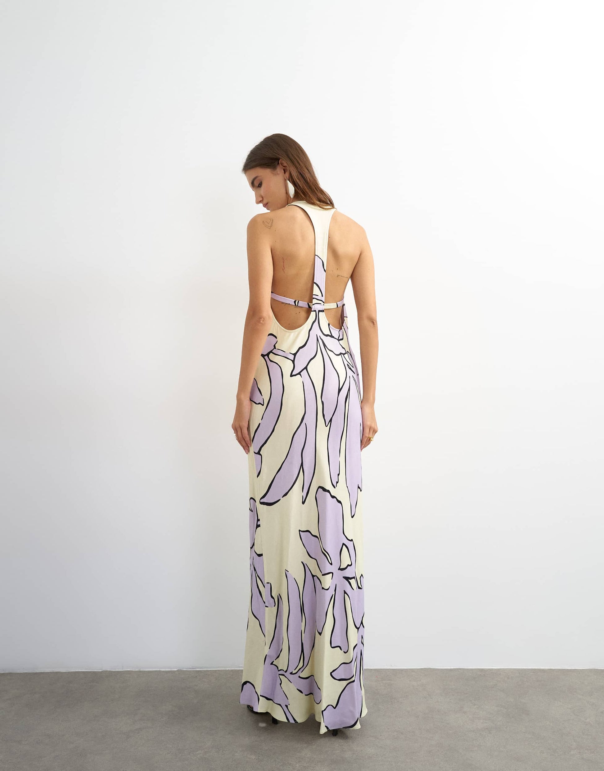 Topshop satin scoop neck maxi dress with stitch detailing in lilac and buttermilk floral