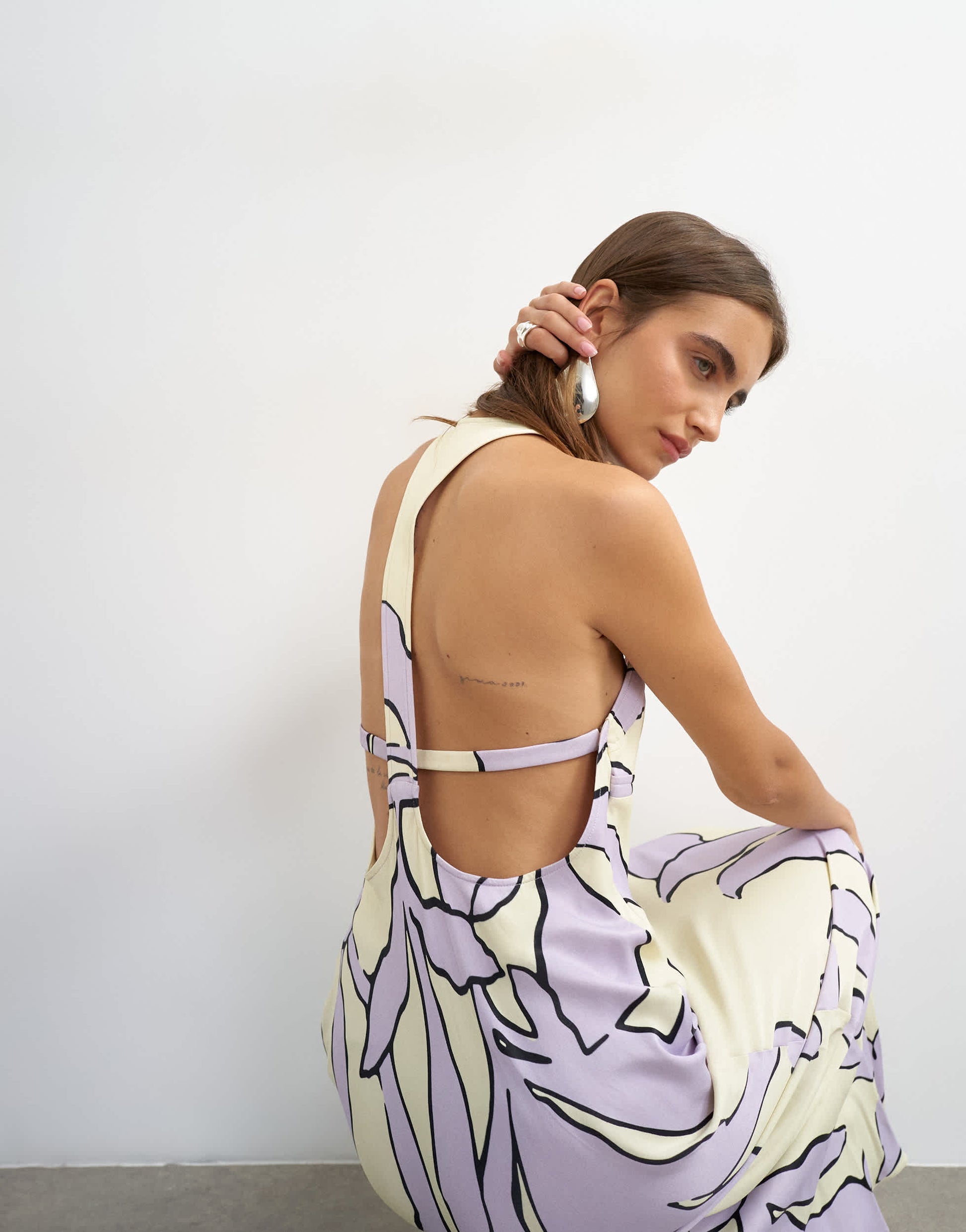 Topshop satin scoop neck maxi dress with stitch detailing in lilac and buttermilk floral