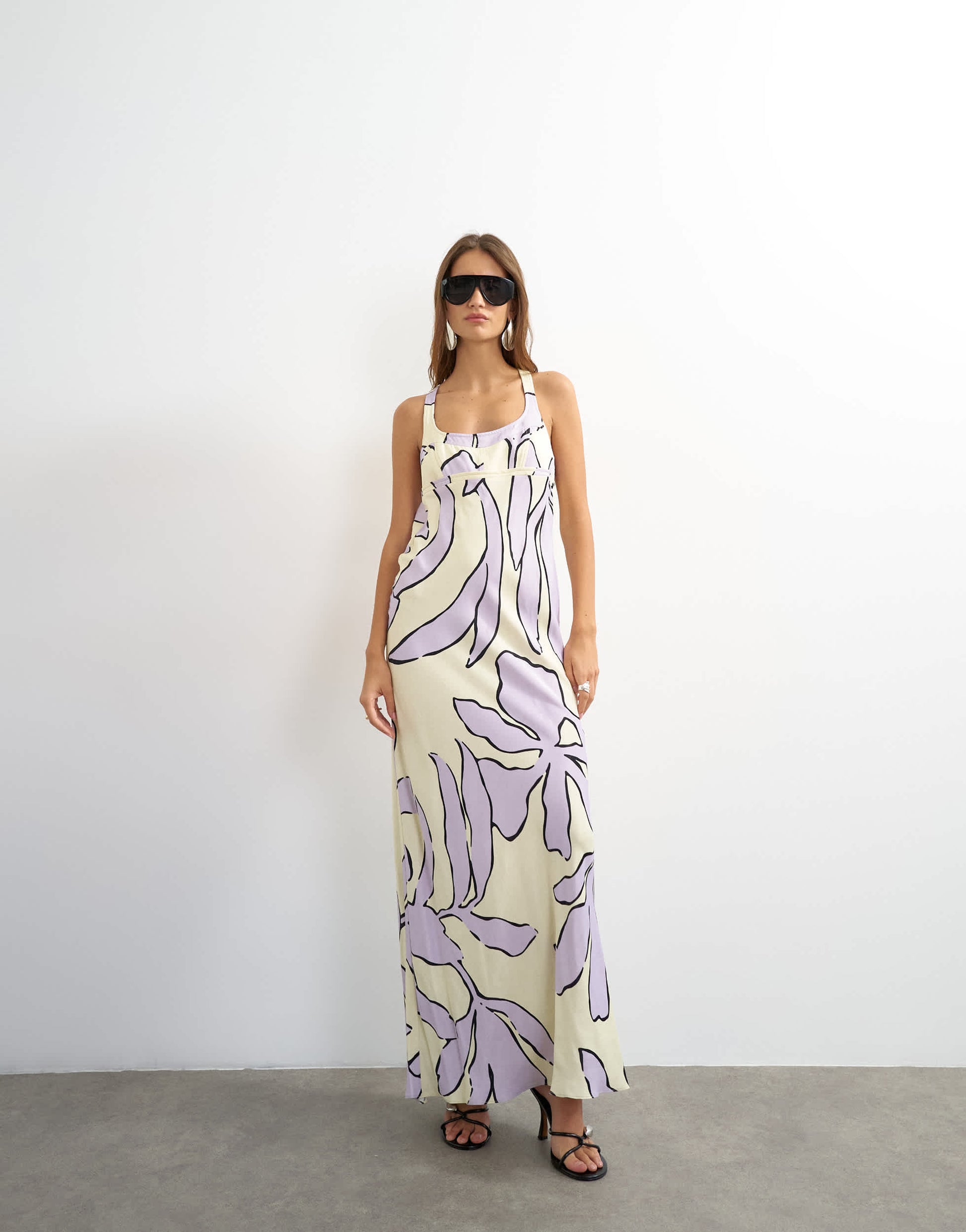 Topshop satin scoop neck maxi dress with stitch detailing in lilac and buttermilk floral