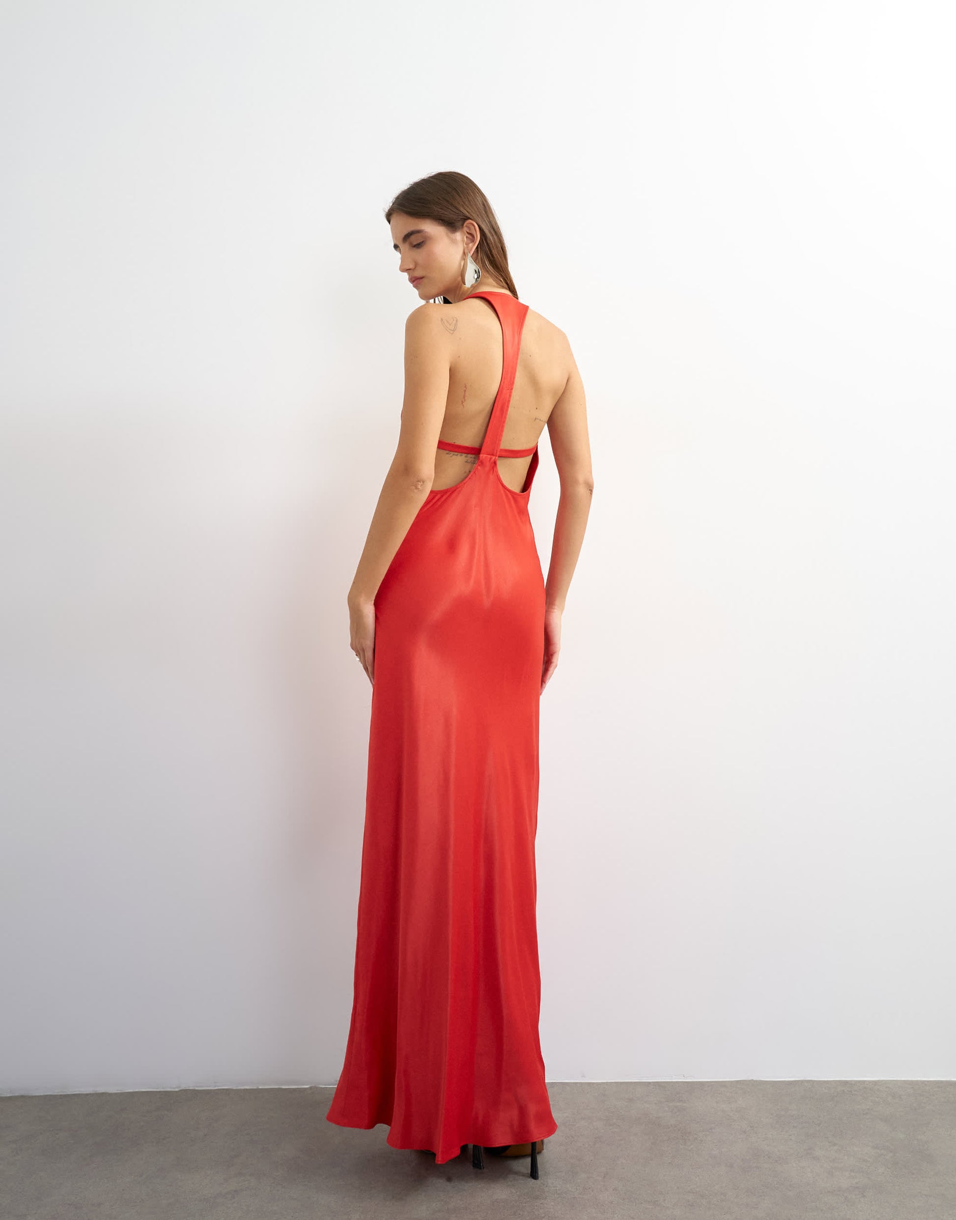 Topshop satin scoop neck maxi dress with stitch detailing in red