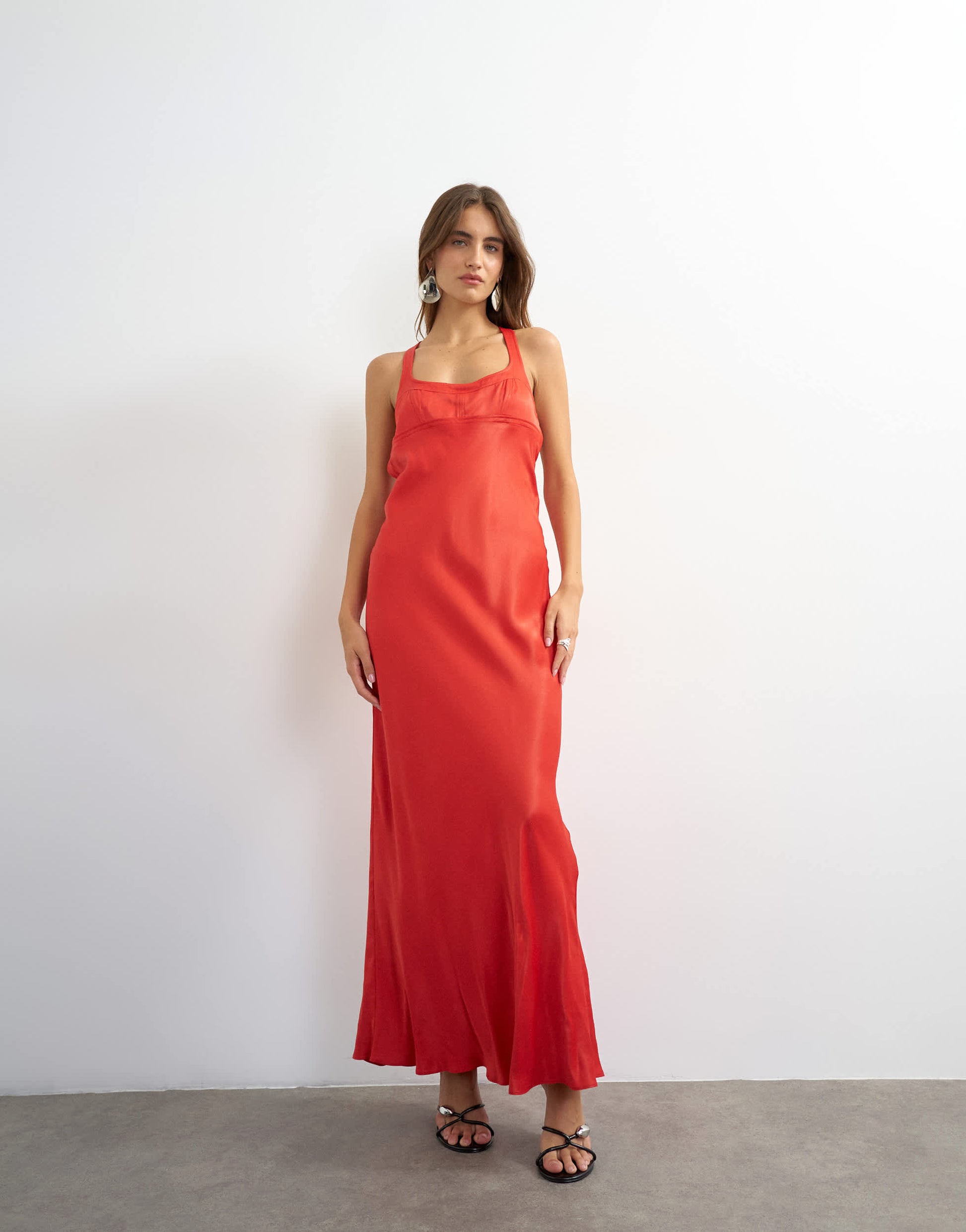 Topshop satin scoop neck maxi dress with stitch detailing in red