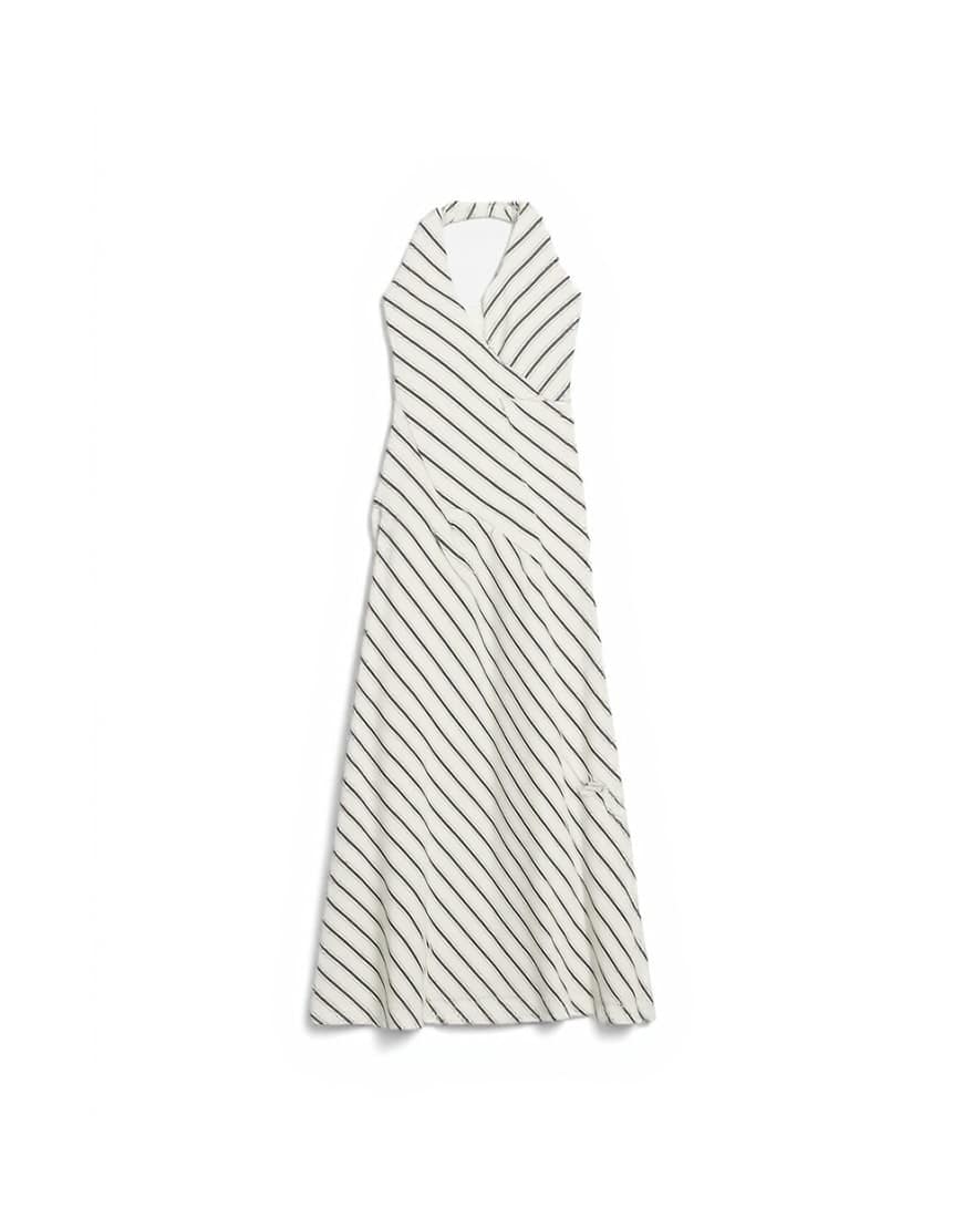 Topshop soft touch halter neck low back maxi dress in woven mono stripe