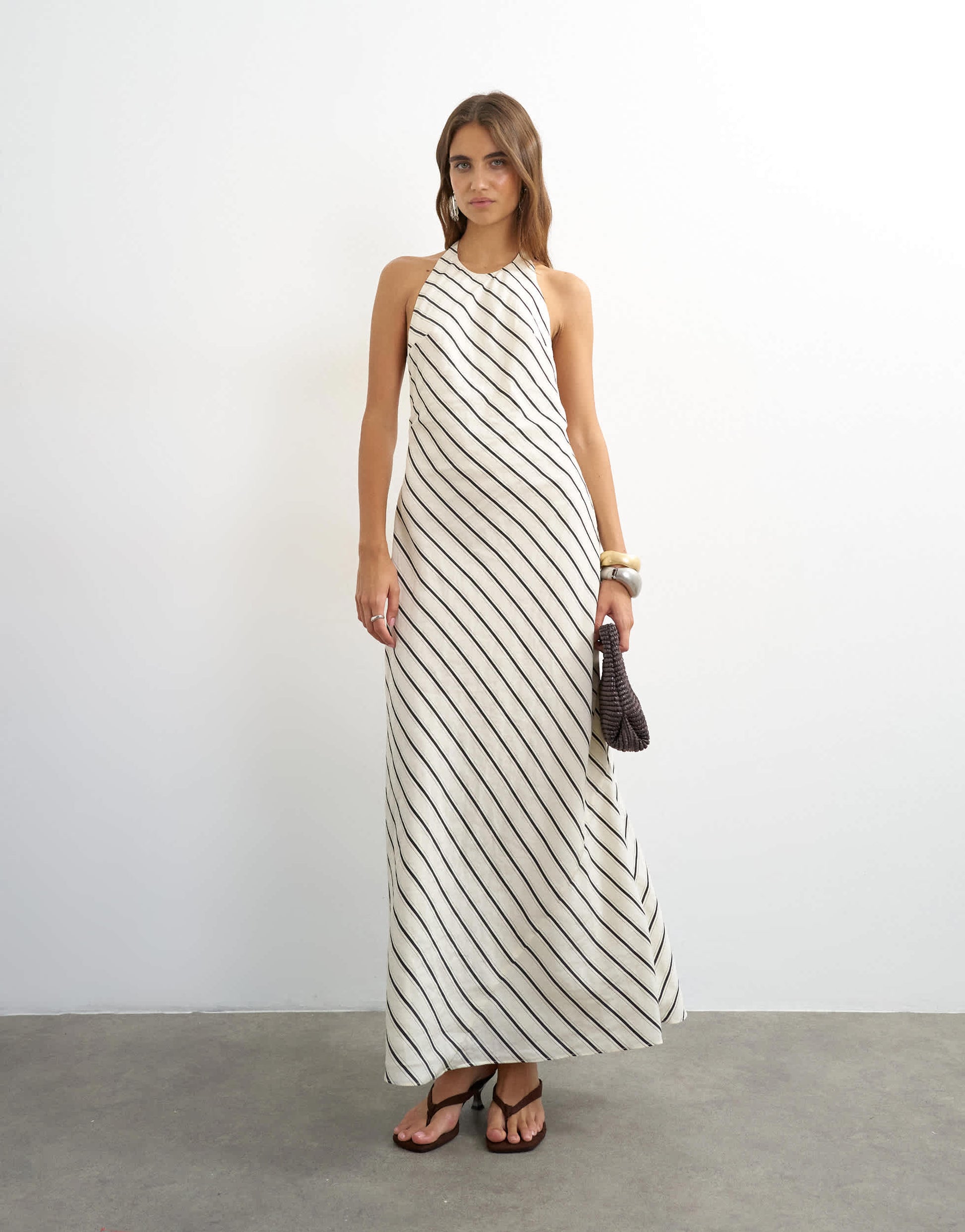 Topshop soft touch halter neck low back maxi dress in woven mono stripe