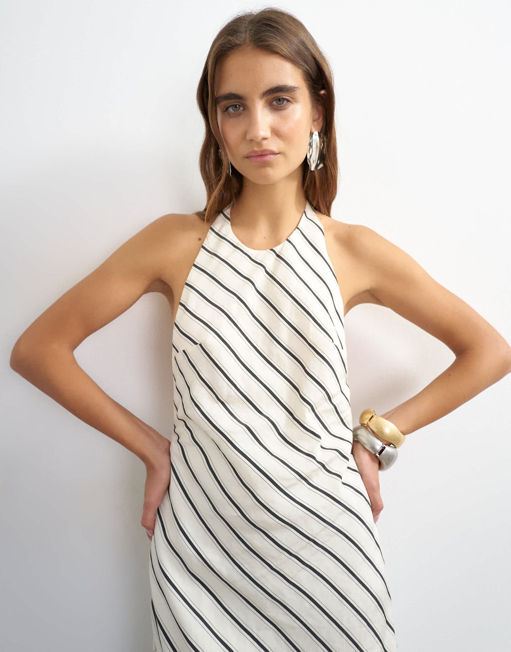 Topshop soft touch halter neck low back maxi dress in woven mono stripe