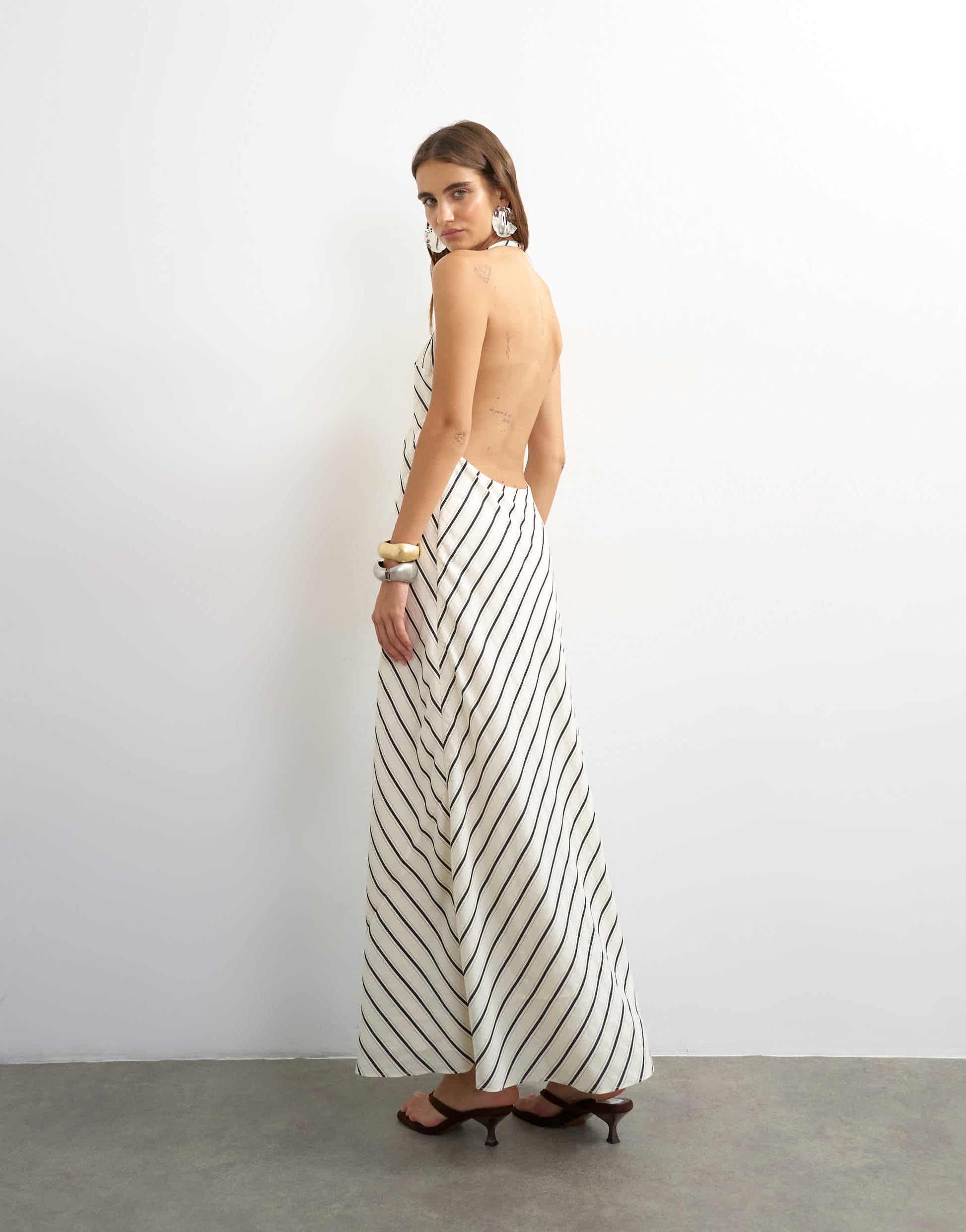 Topshop soft touch halter neck low back maxi dress in woven mono stripe
