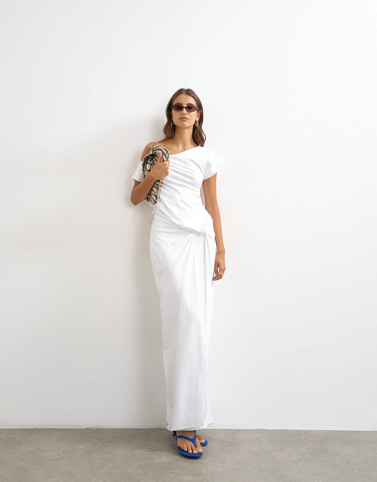 Topshop premium cotton rich jersey draped asymmetric maxi dress in white