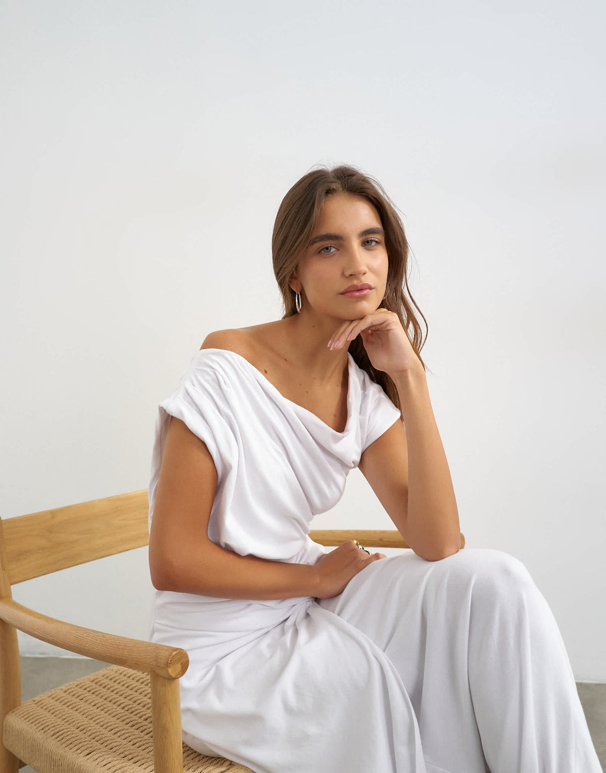 Topshop premium cotton rich jersey draped asymmetric maxi dress in white