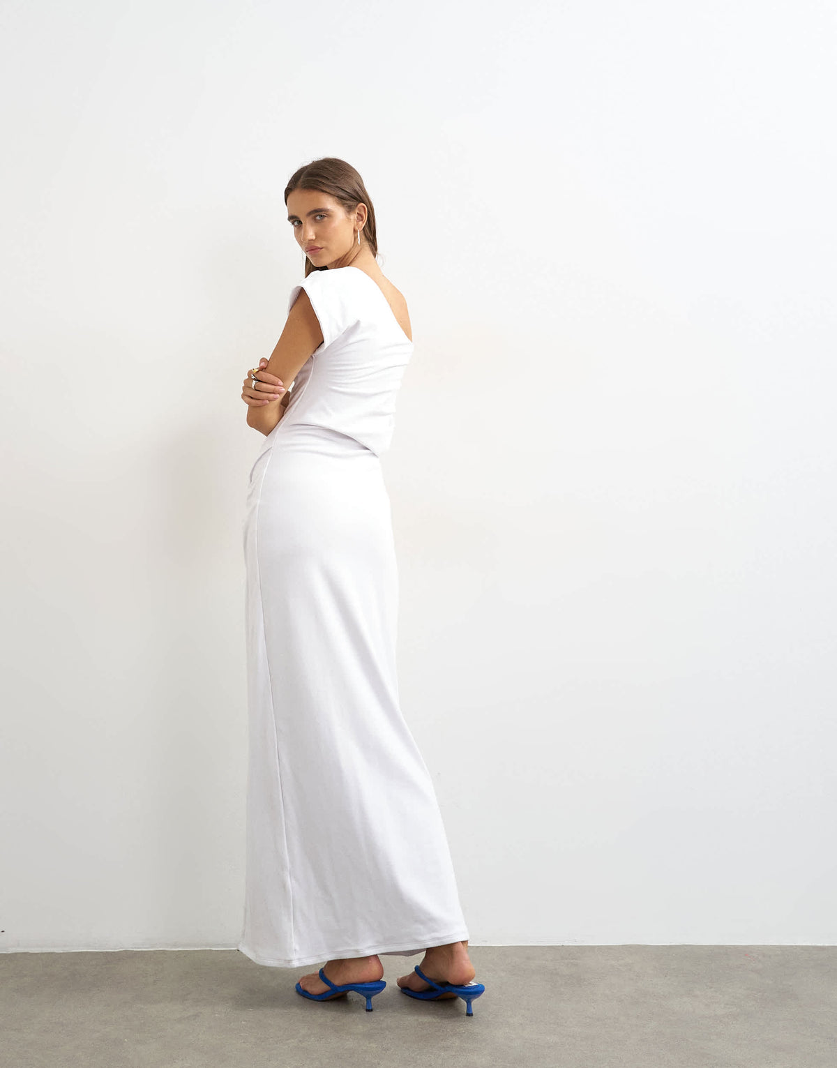 Topshop premium cotton rich jersey draped asymmetric maxi dress in white