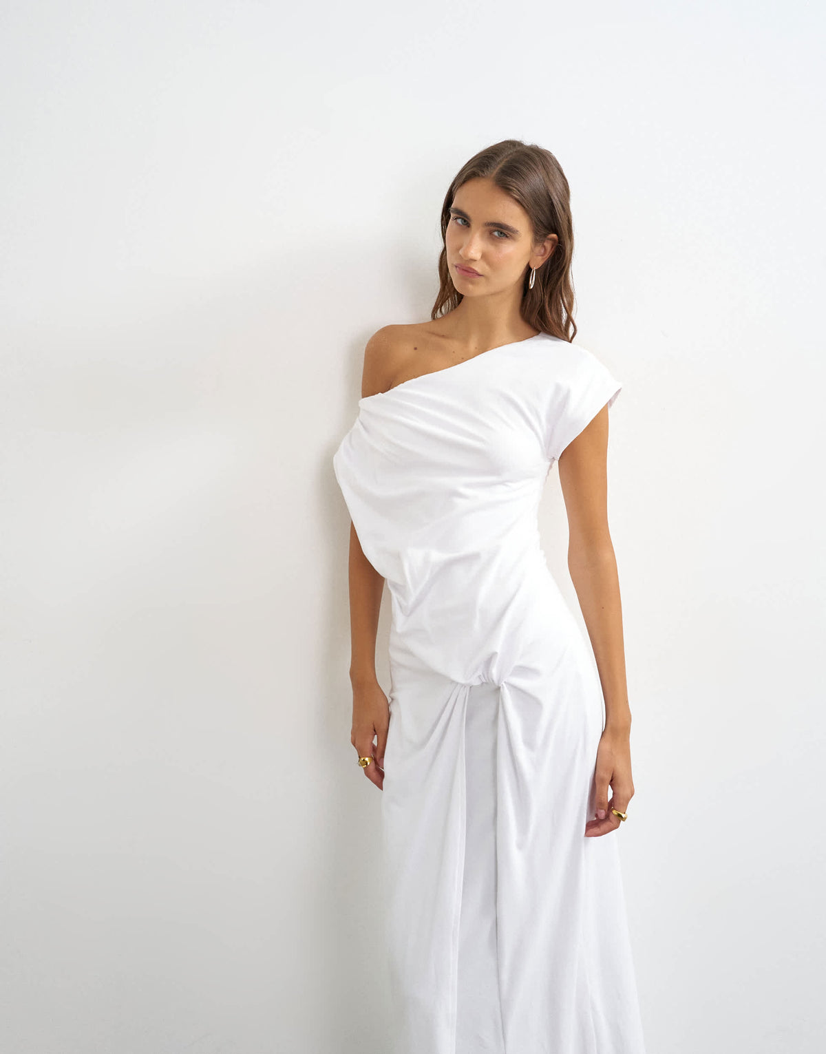 Topshop premium cotton rich jersey draped asymmetric maxi dress in white