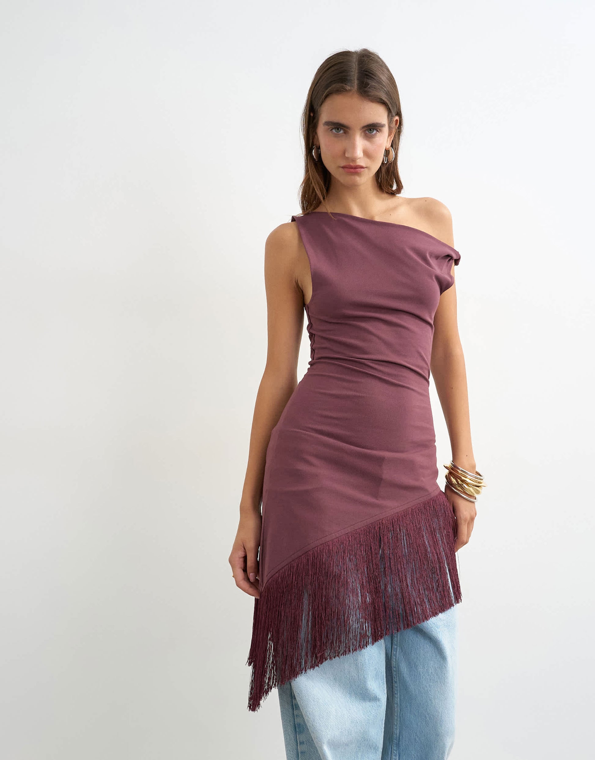 Topshop fringe hem asymmetric top in plum