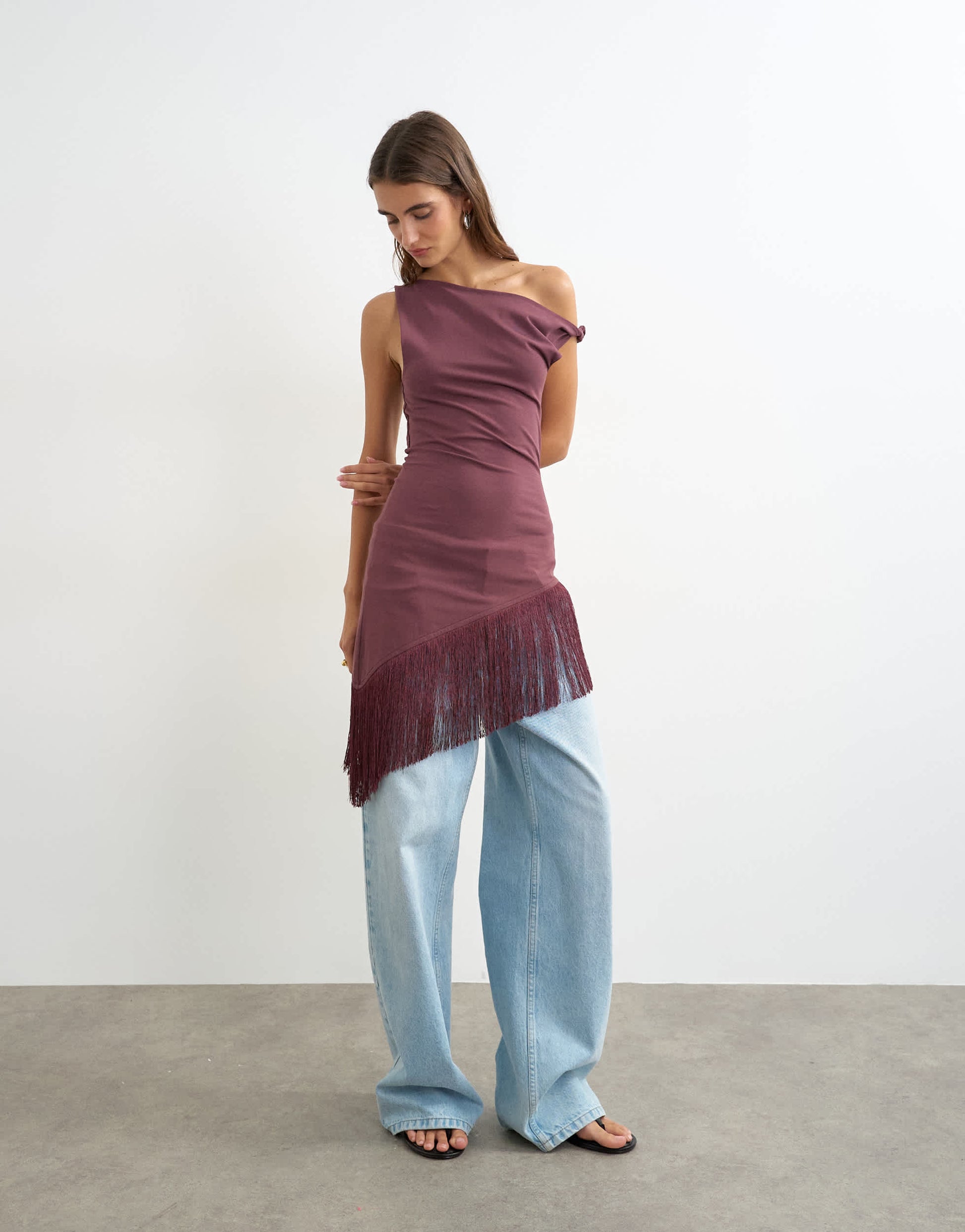 Topshop fringe hem asymmetric top in plum
