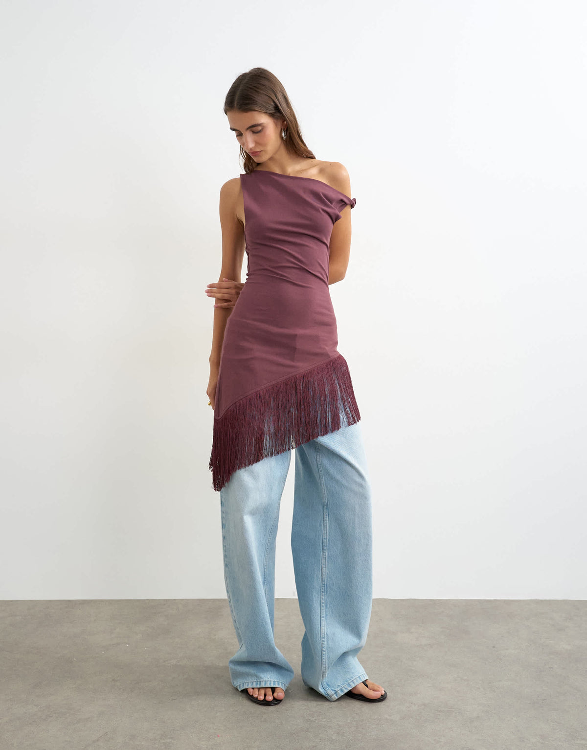 Topshop fringe hem asymmetric top in plum