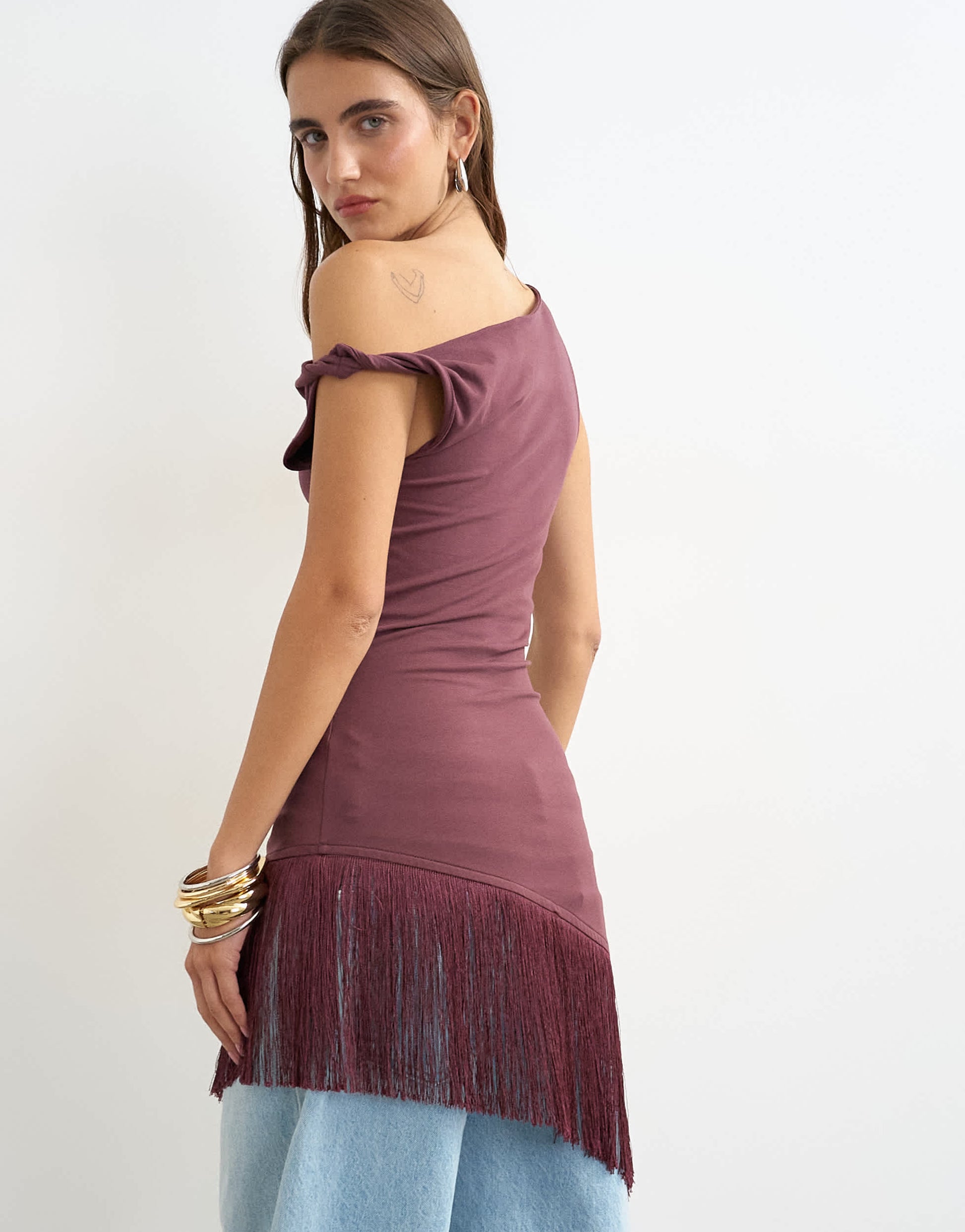Topshop fringe hem asymmetric top in plum