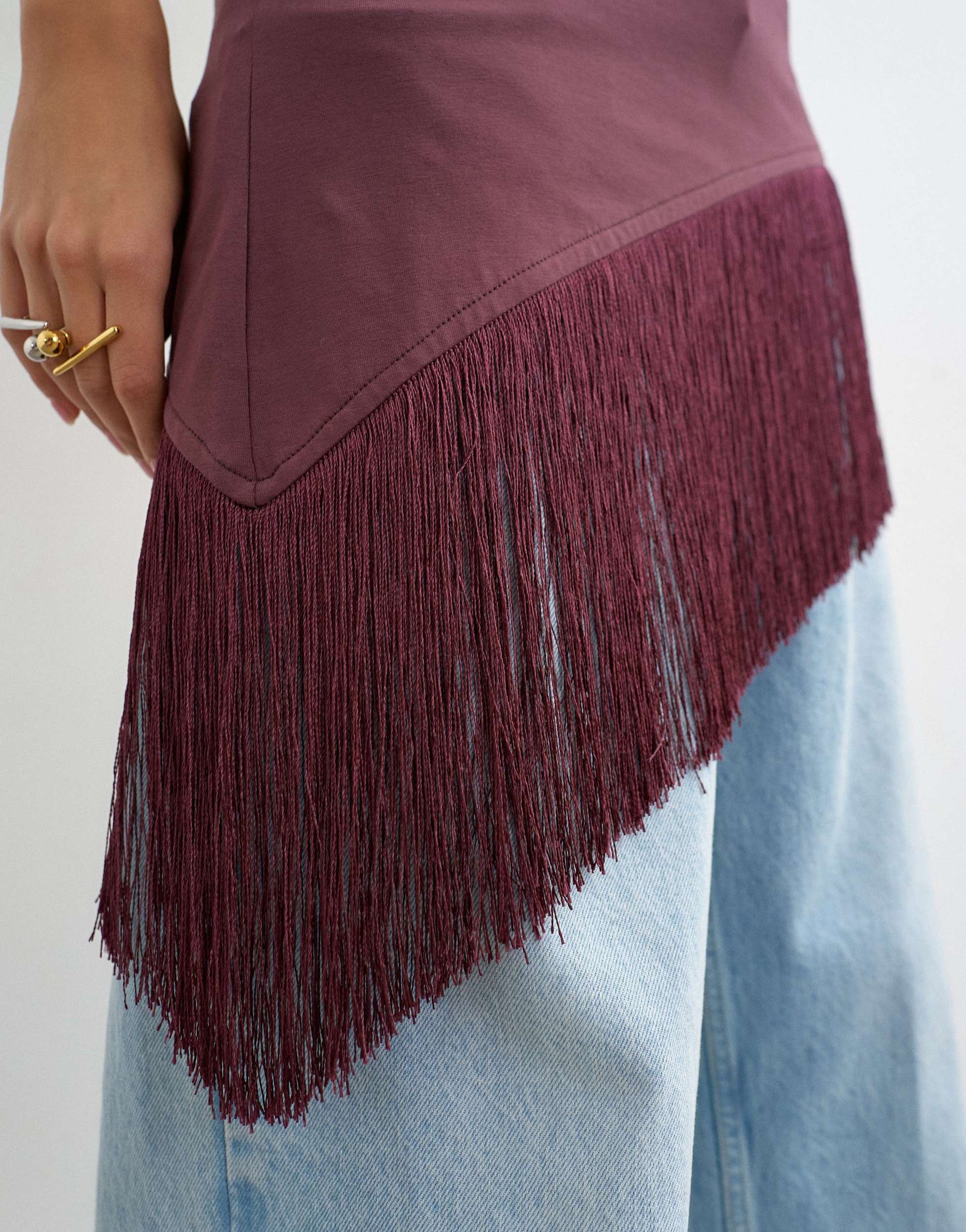 Topshop fringe hem asymmetric top in plum