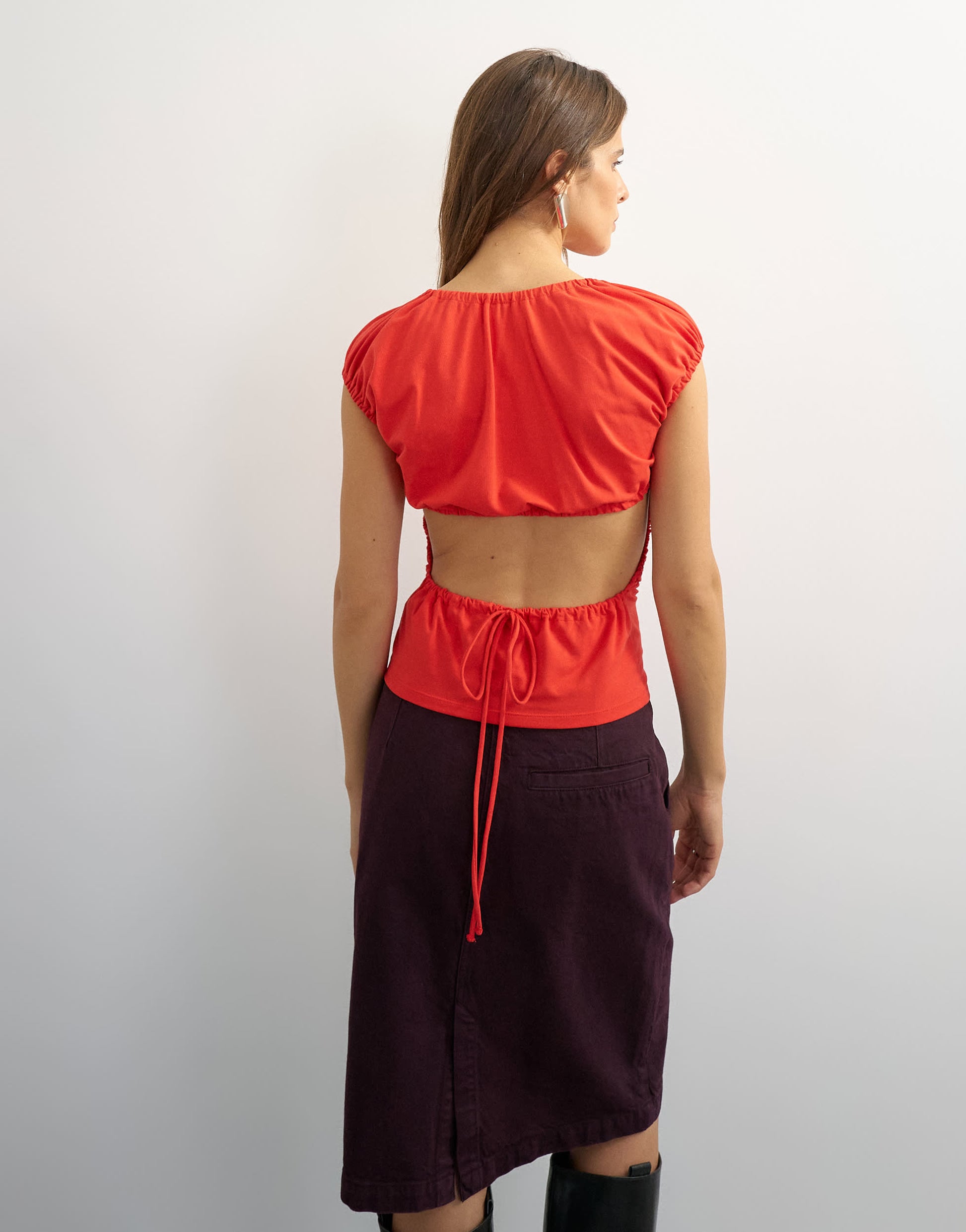 Topshop ruched back cut out top in red