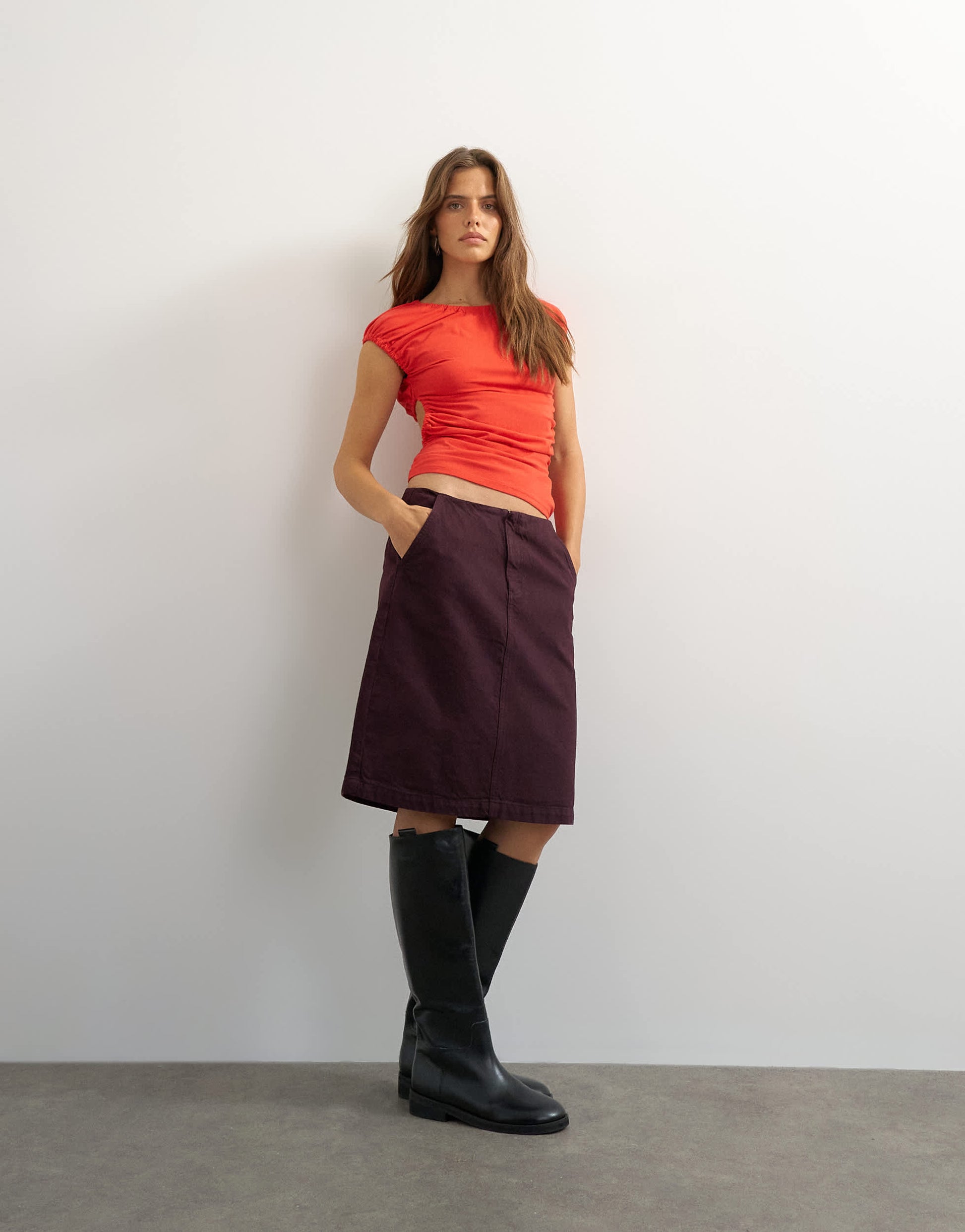 Topshop ruched back cut out top in red