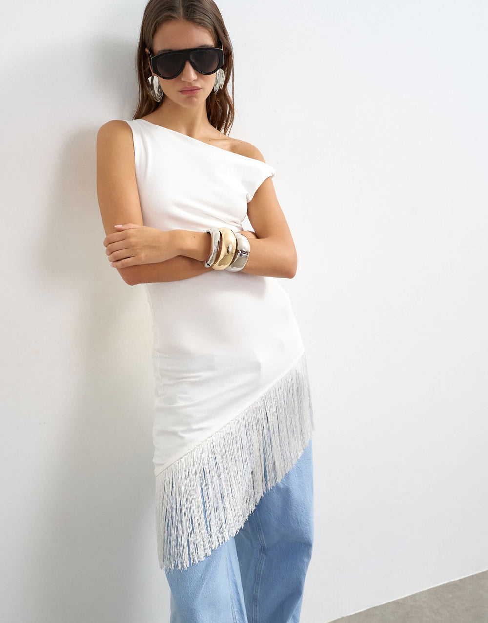 Topshop fringe hem asymmetric top in ecru