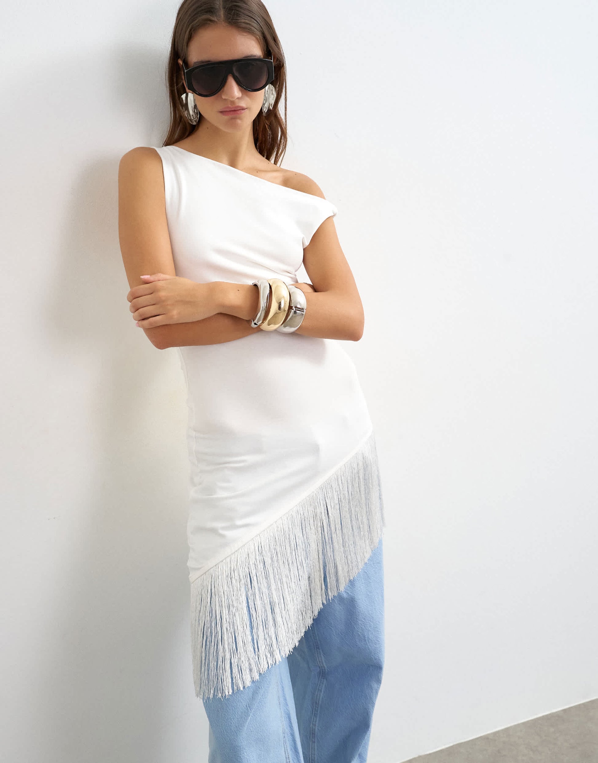 Topshop fringe hem asymmetric top in ecru