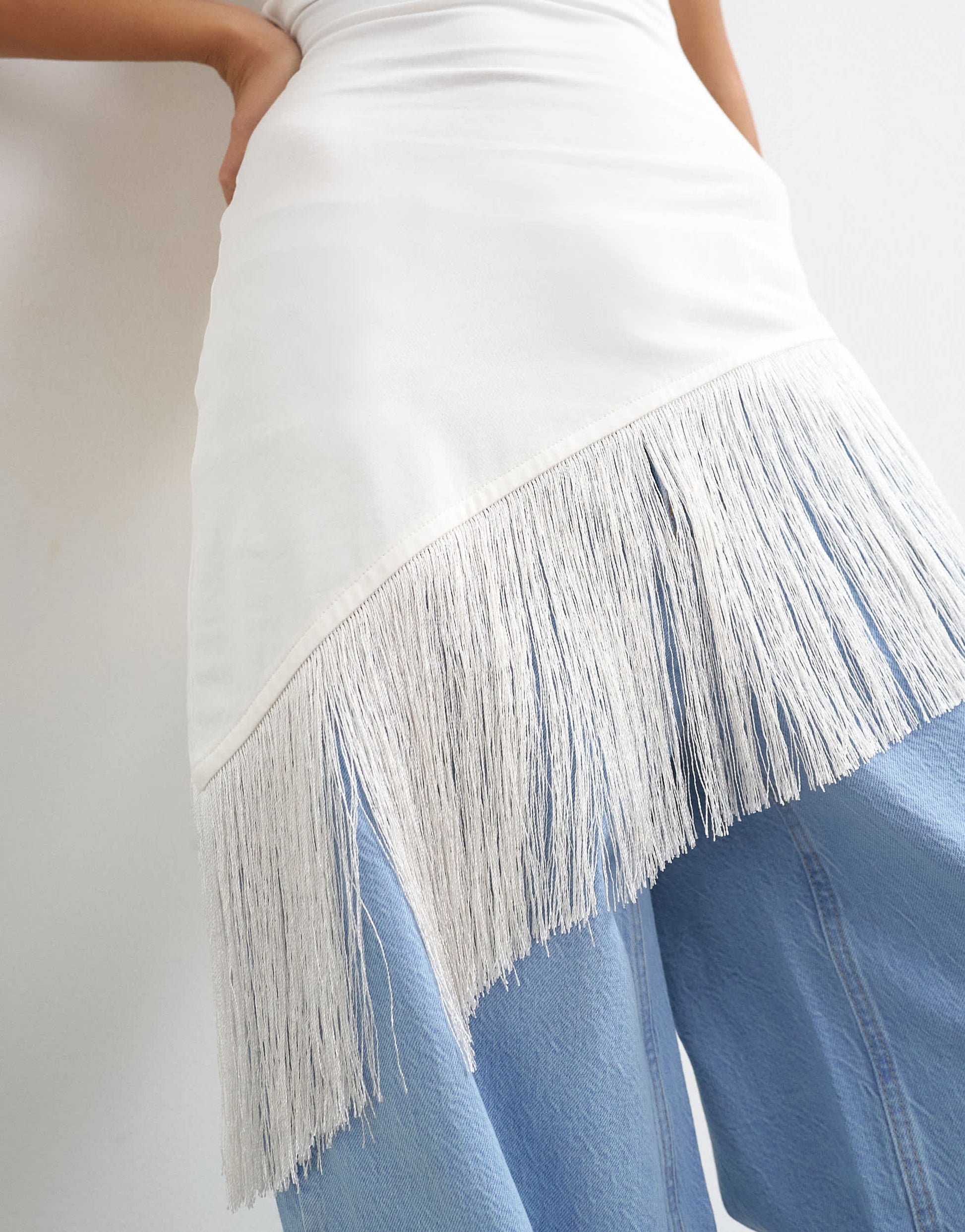 Topshop fringe hem asymmetric top in ecru
