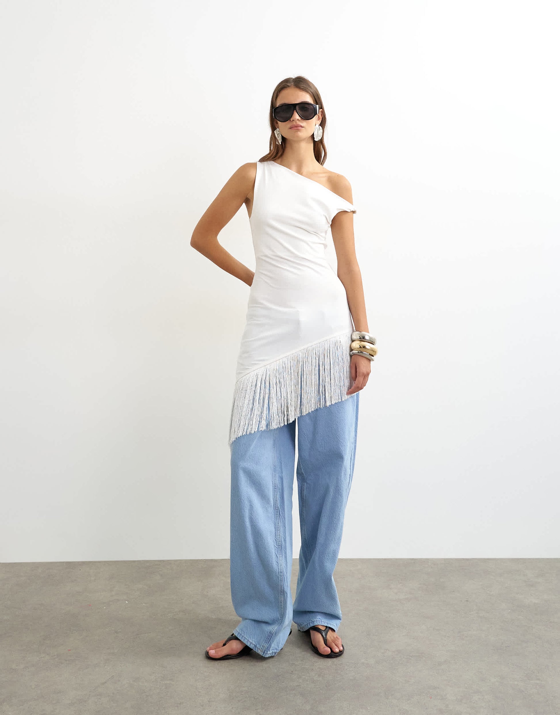 Topshop fringe hem asymmetric top in ecru
