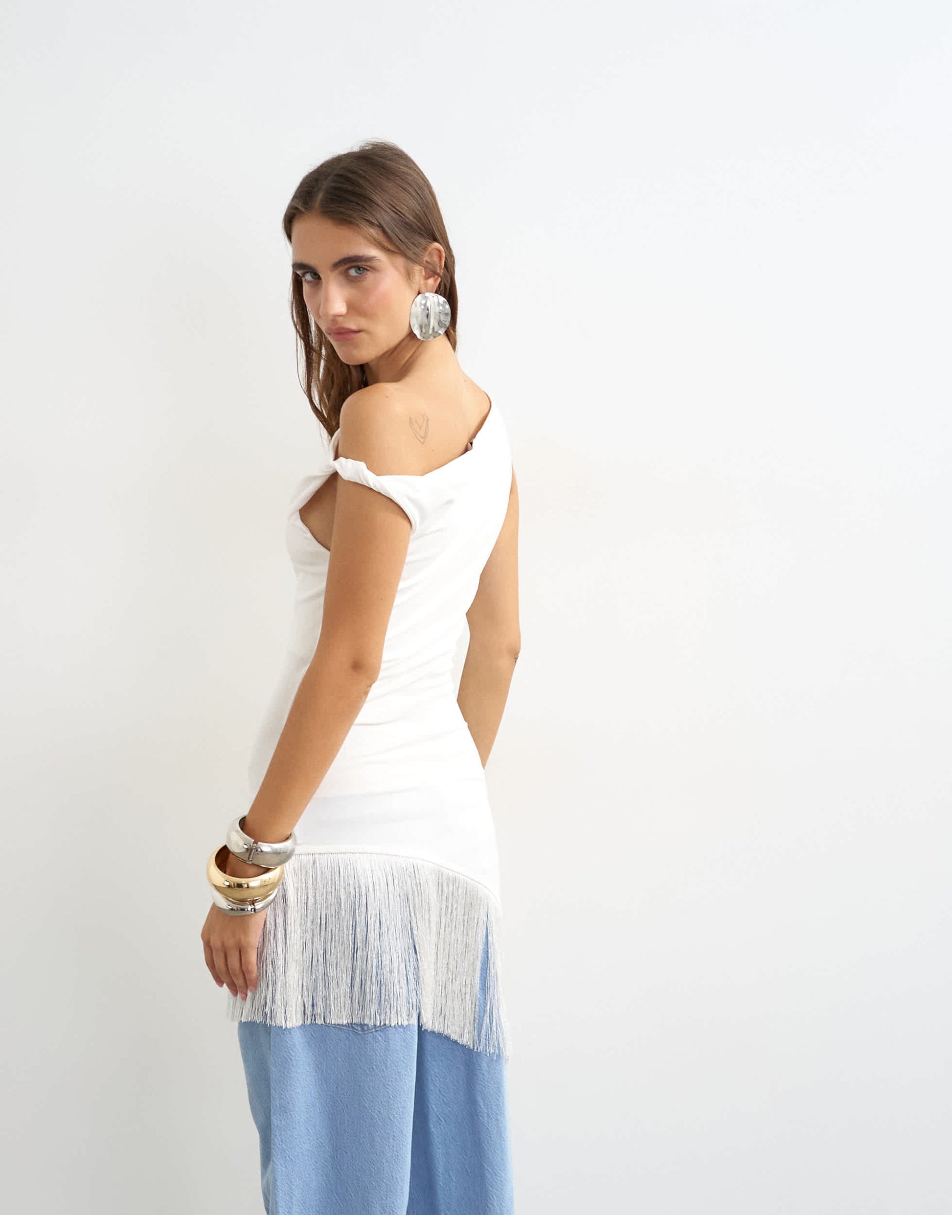 Topshop fringe hem asymmetric top in ecru