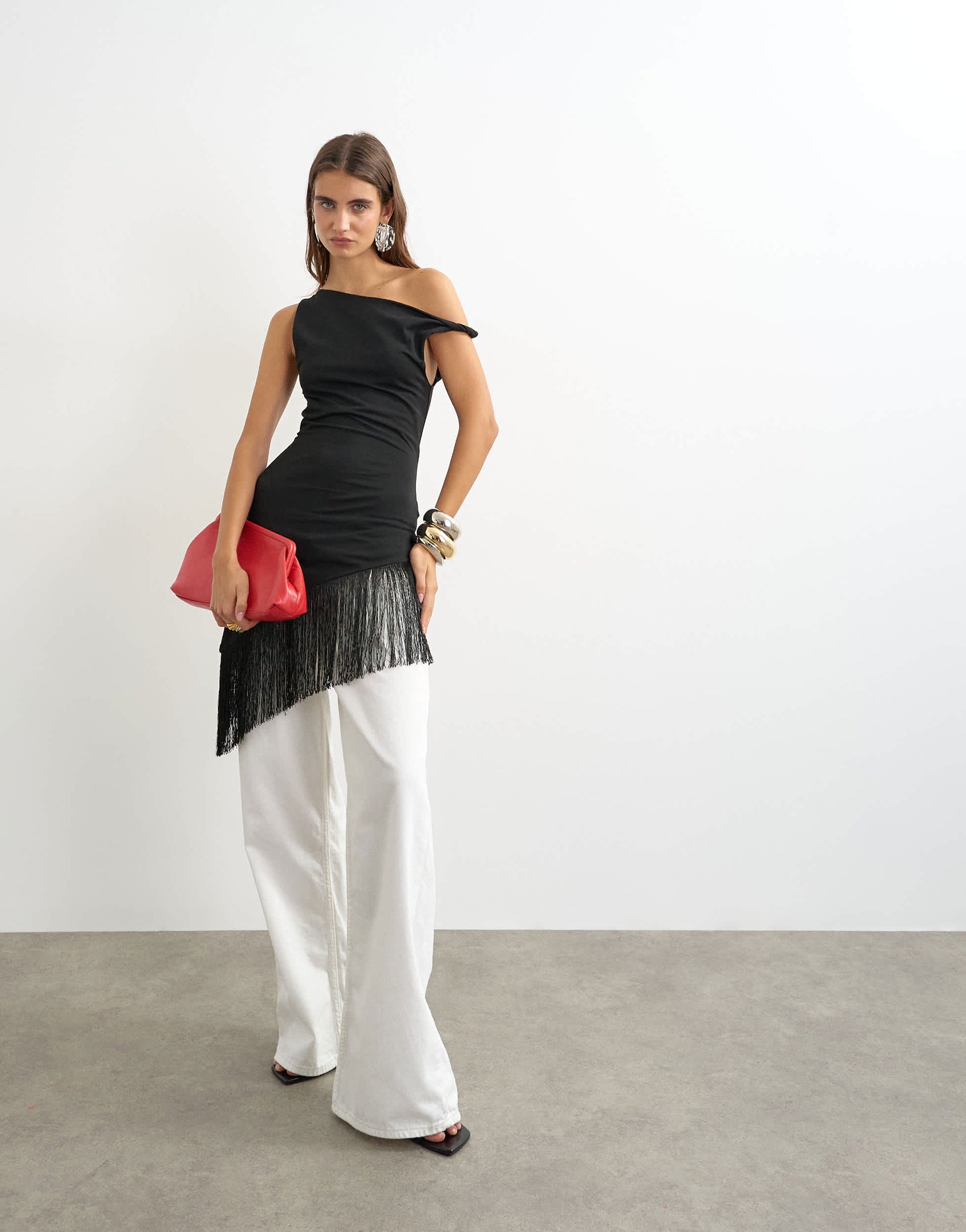 Topshop fringe hem asymmetric top in black