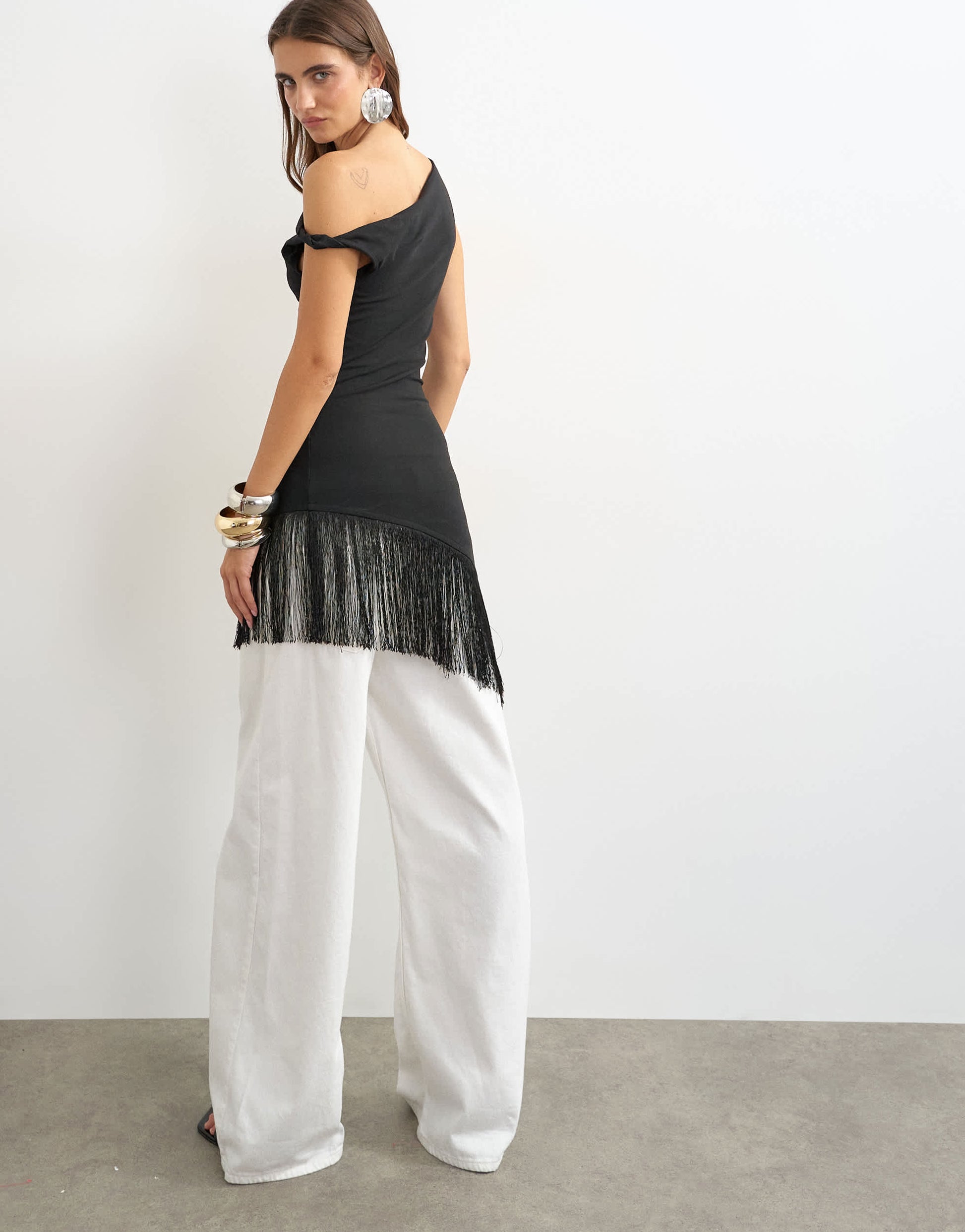 Topshop fringe hem asymmetric top in black