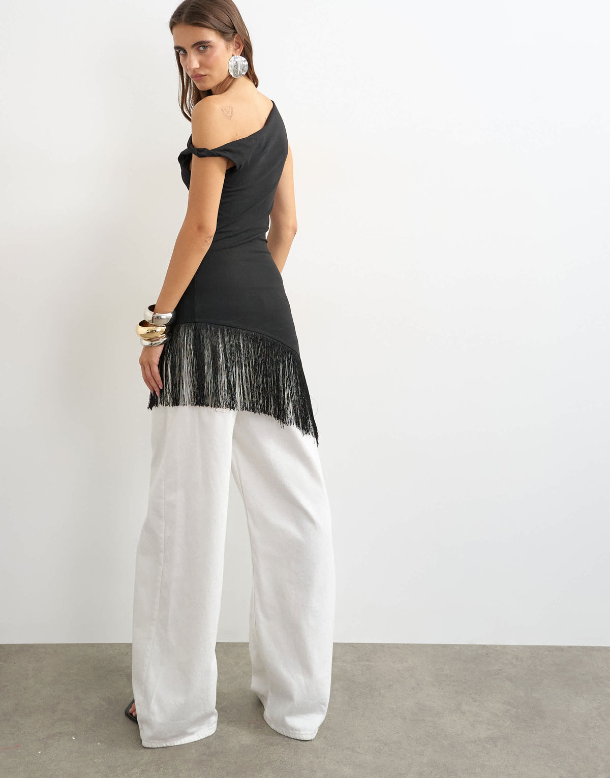 Topshop fringe hem asymmetric top in black