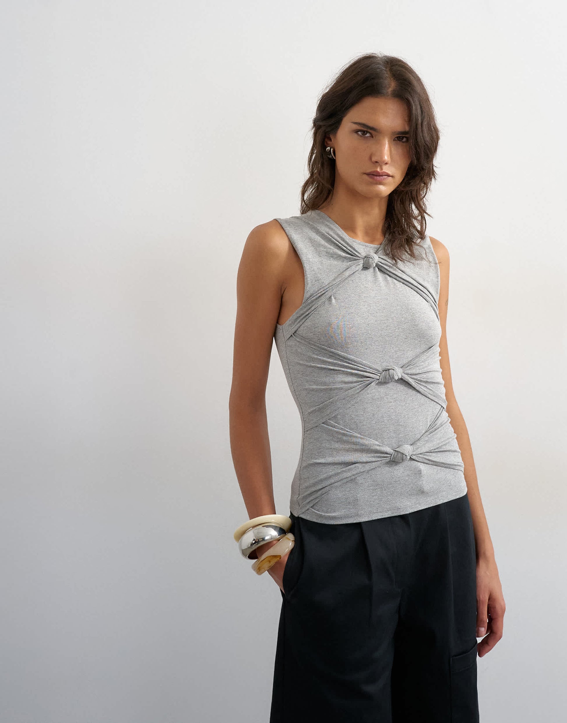 Topshop knot front detail top in grey marl