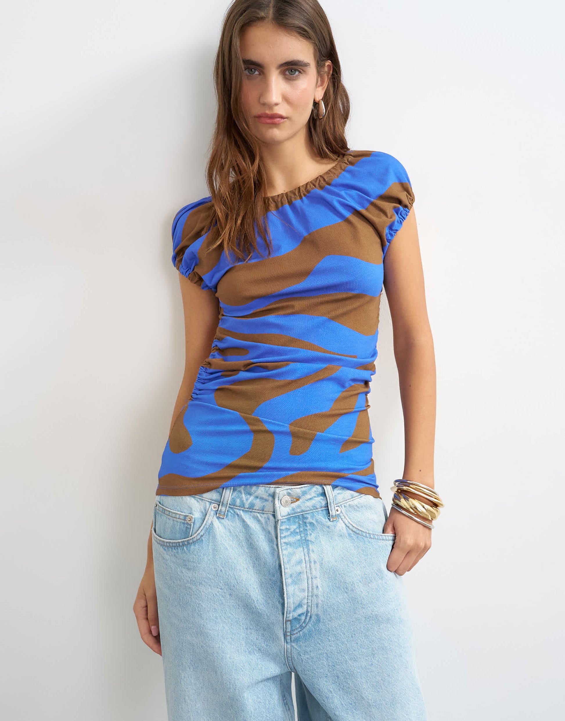 Topshop stripe ruched back cut out top in brown