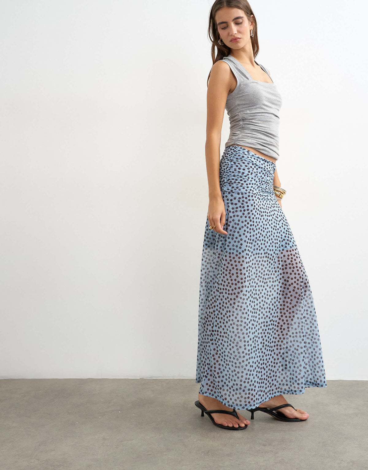 Topshop polka dot ruched skirt in blue