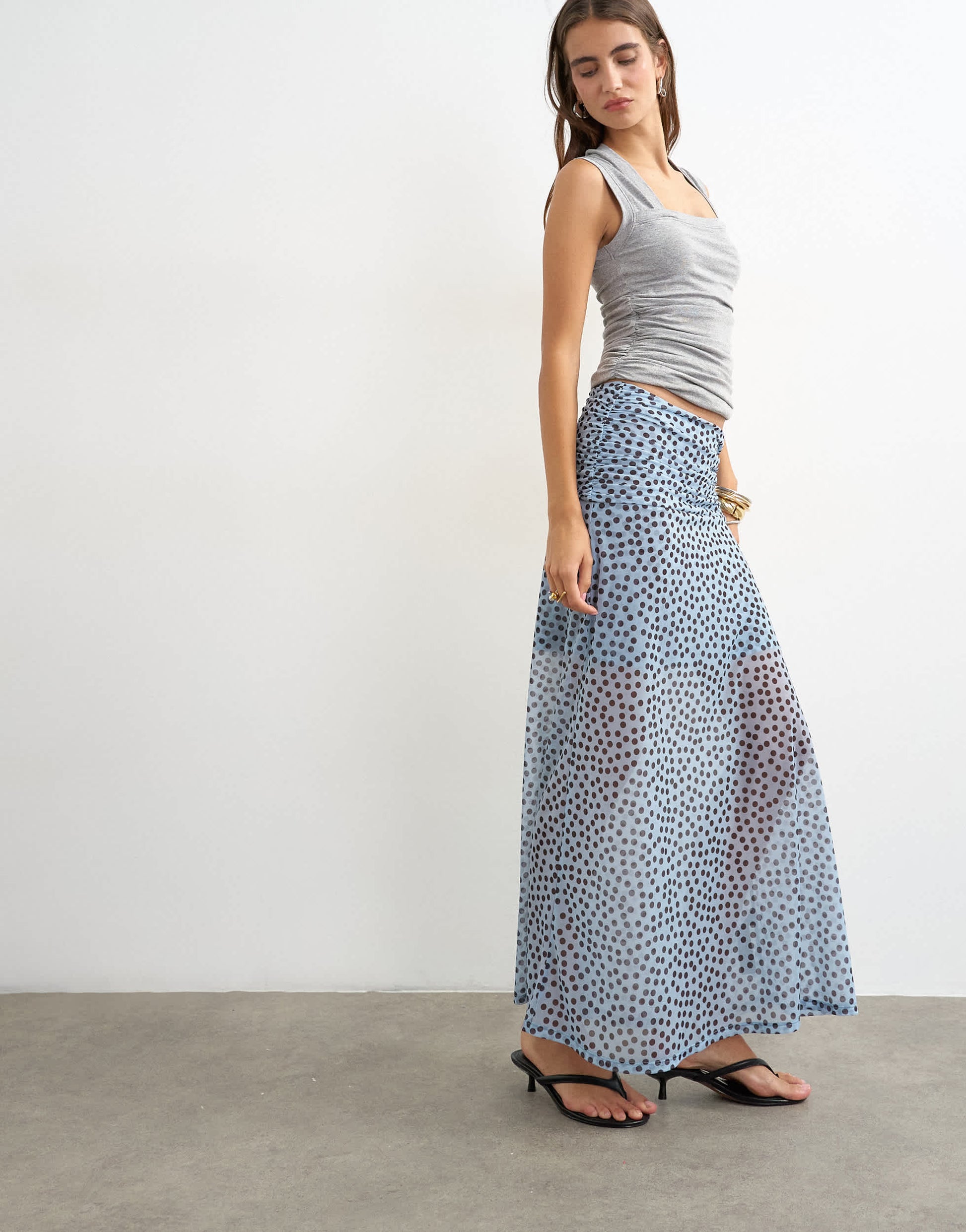 Topshop polka dot ruched skirt in blue
