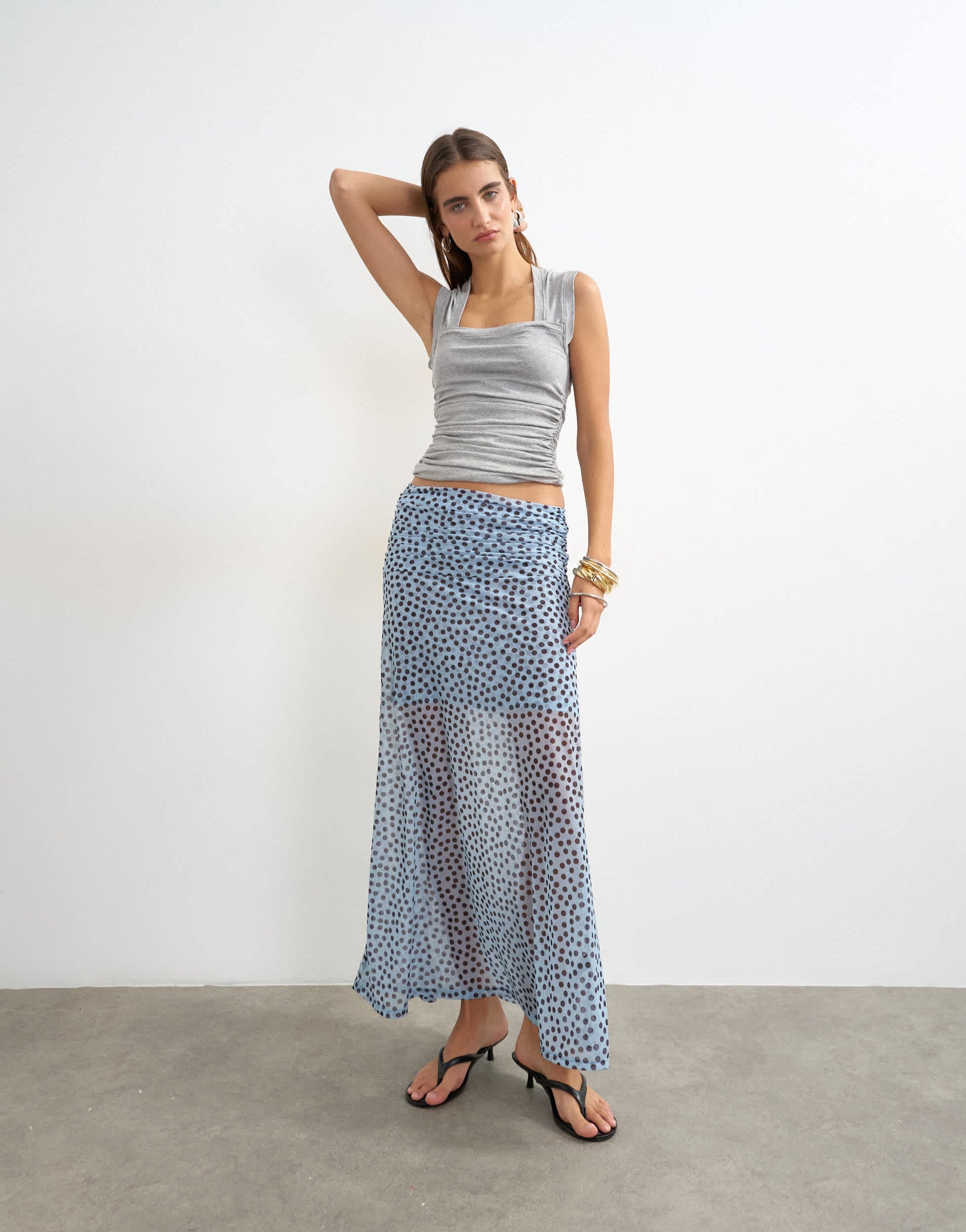 Topshop polka dot ruched skirt in blue