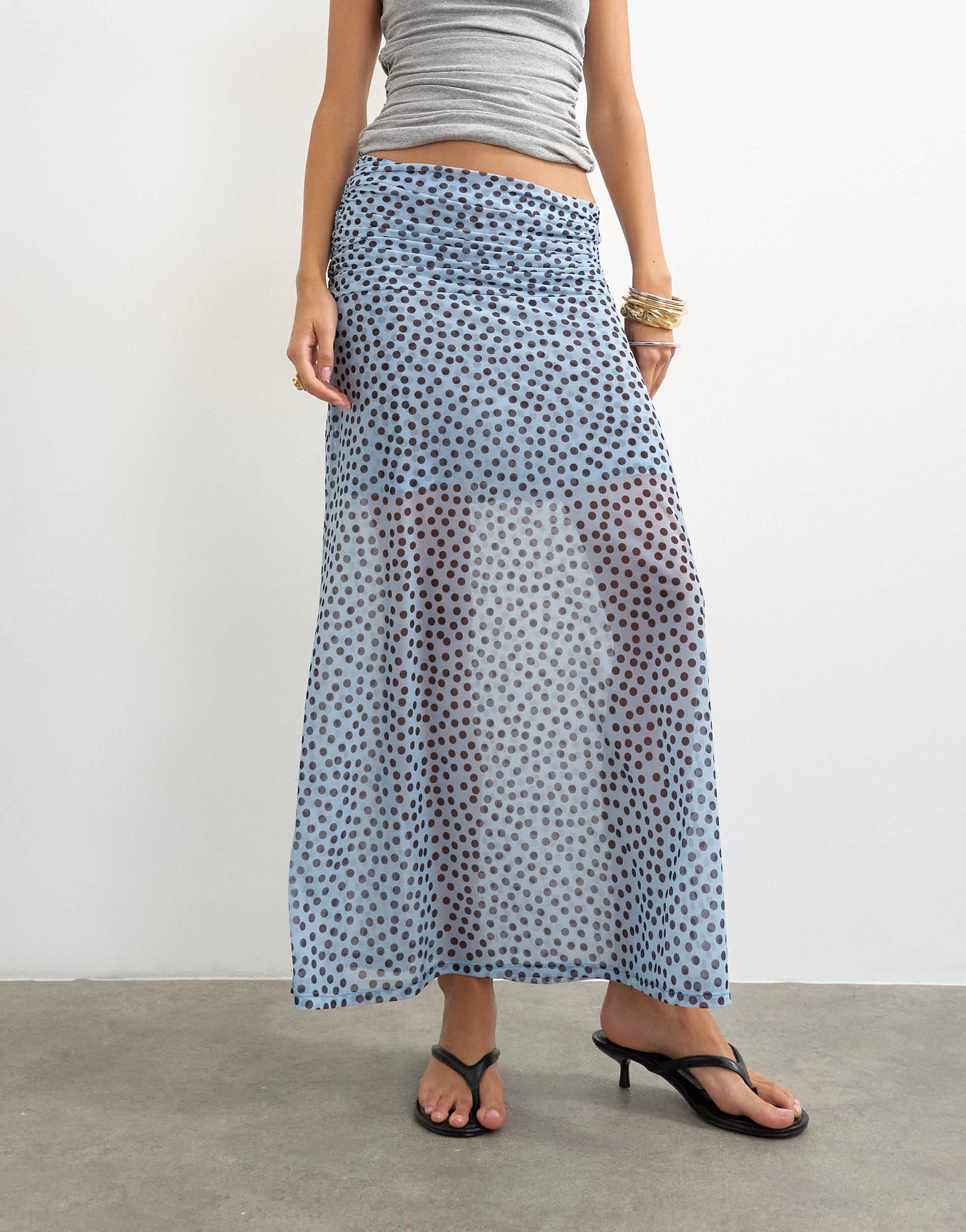 Topshop polka dot ruched skirt in blue