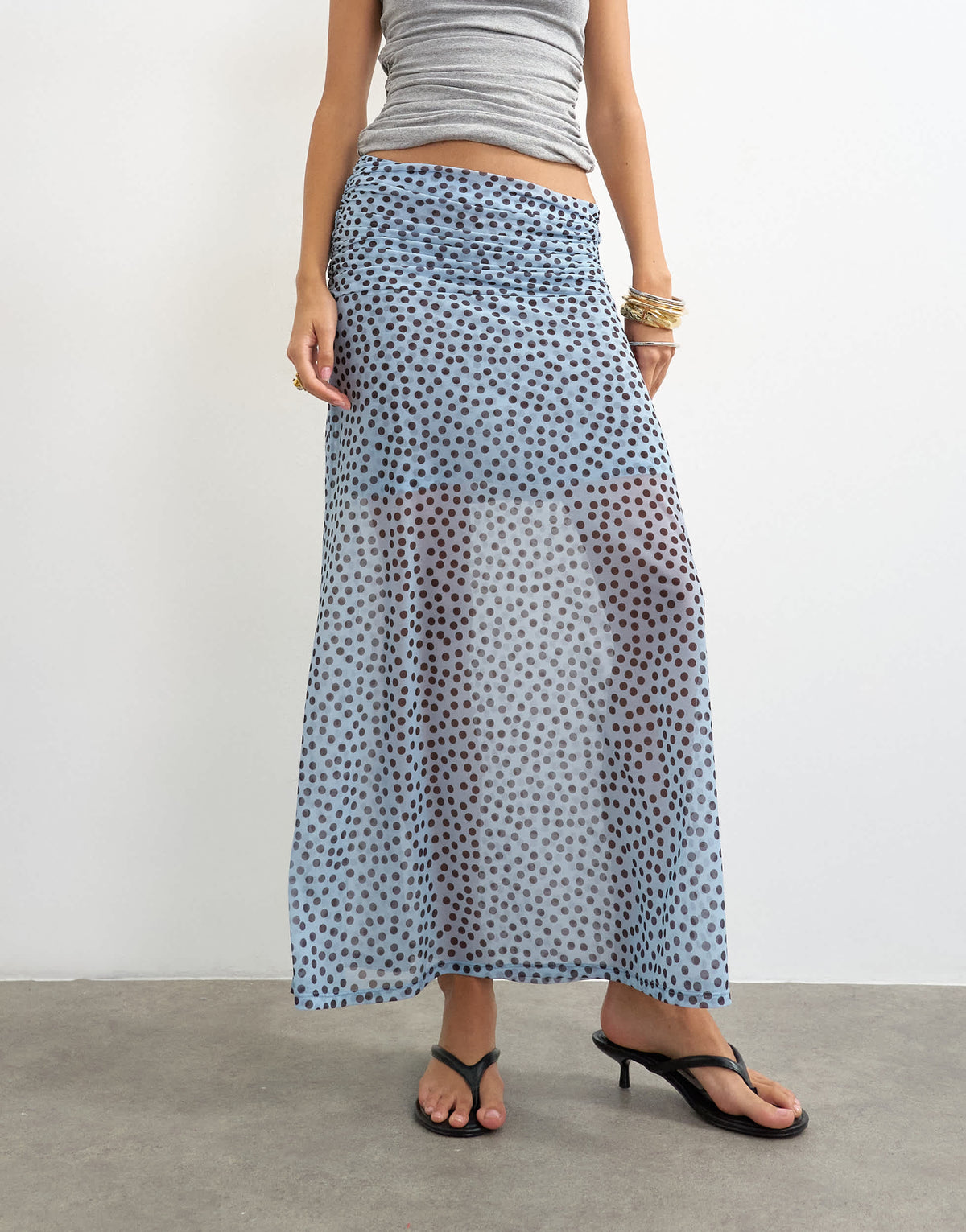Topshop polka dot ruched skirt in blue