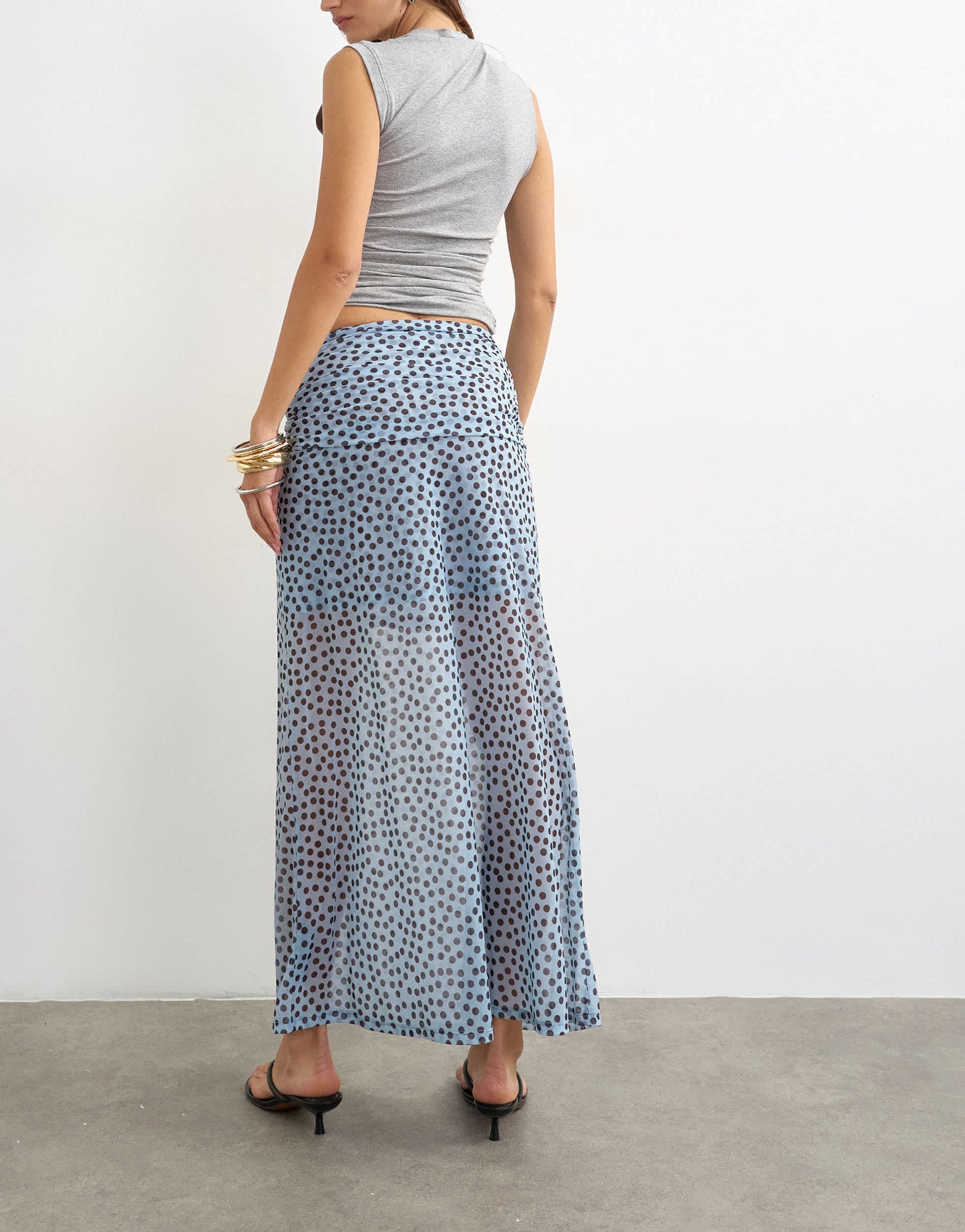 Topshop polka dot ruched skirt in blue
